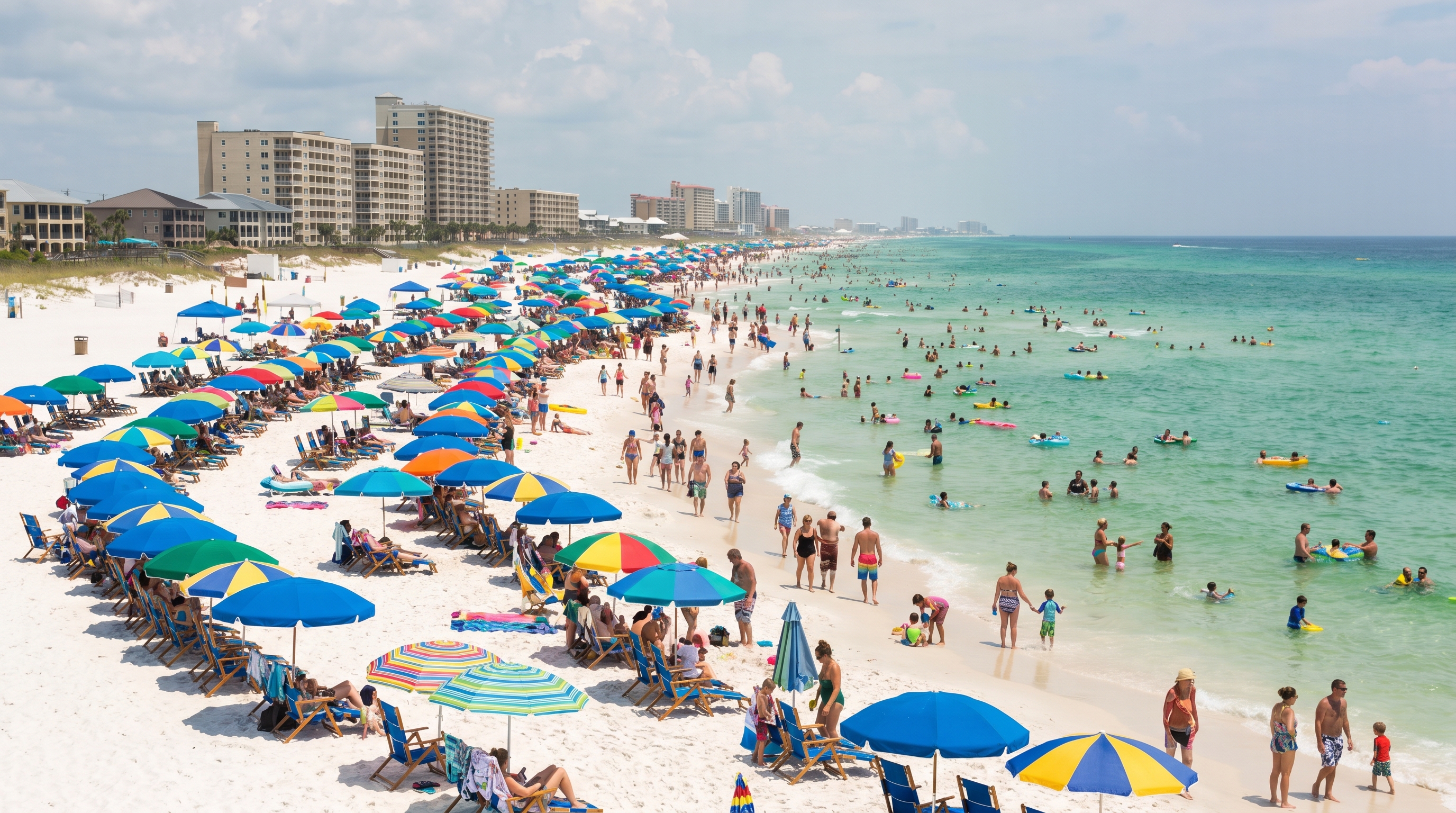 Crowded white sand beach at Destin Florida in July with colorful umbrellas dense beach chairs and the famous emerald Gulf water