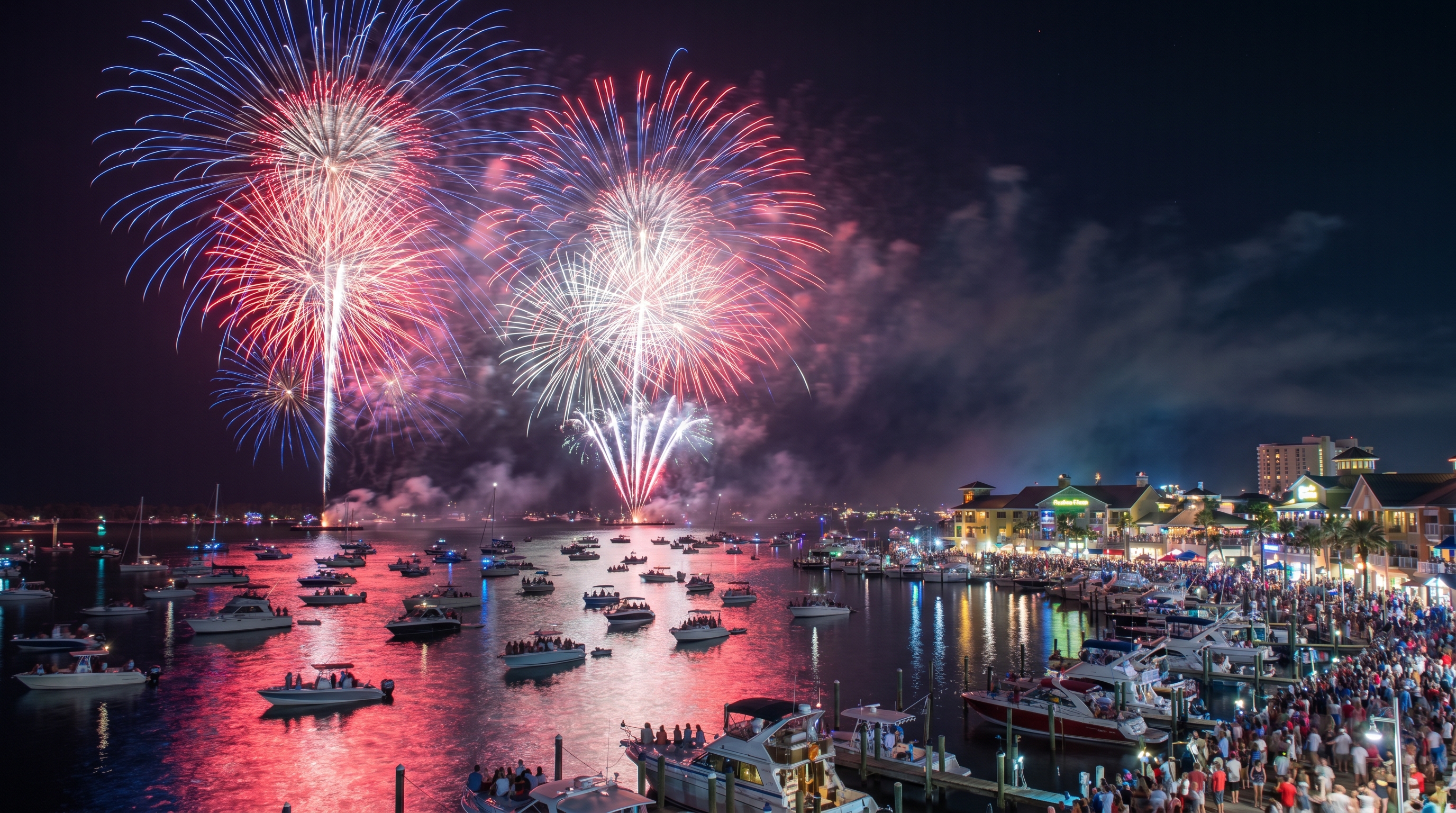 Fireworks bursting over Destin Harbor at night on 4th of July with boats on the water and colorful reflections on the Gulf