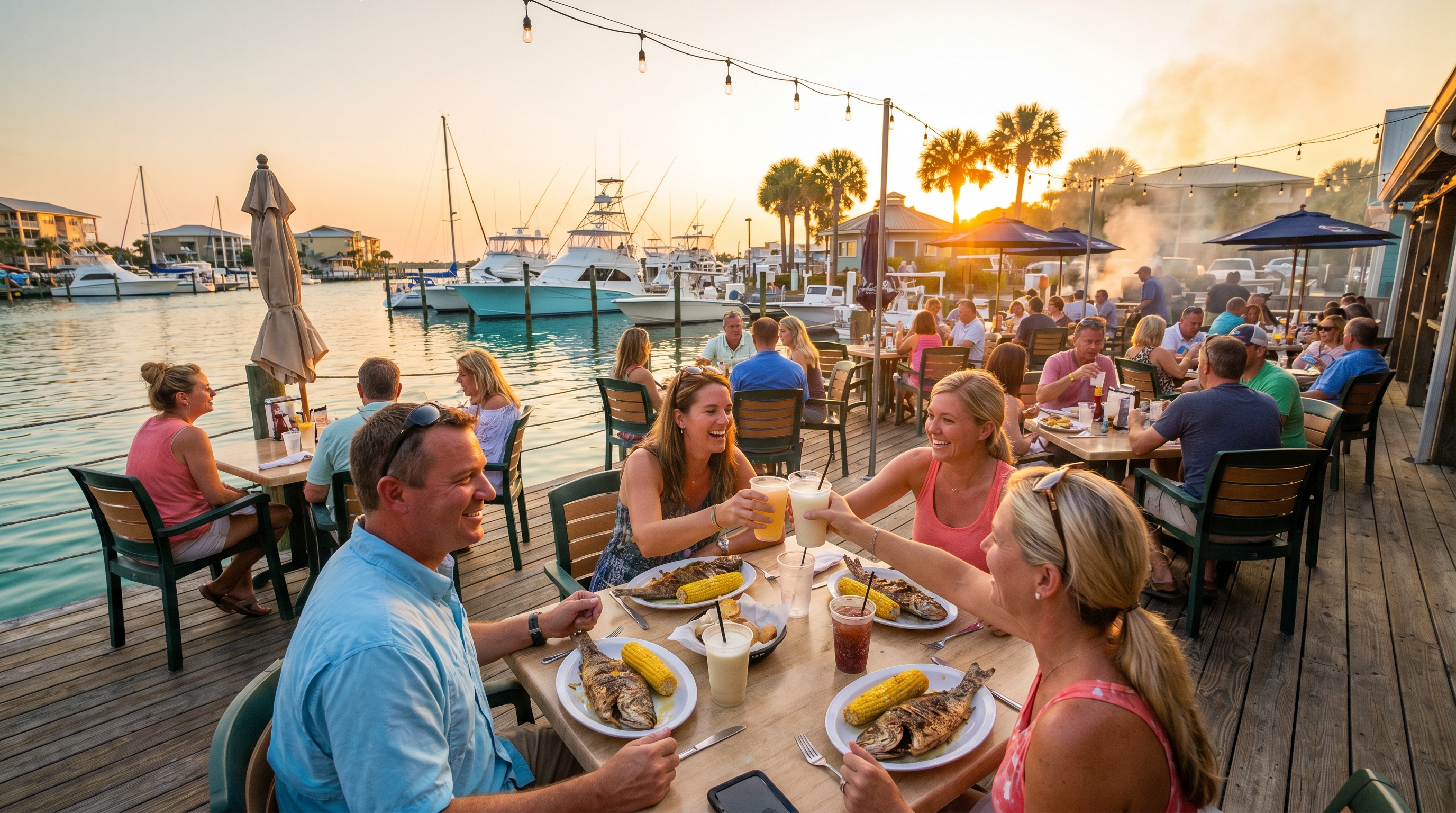 Outdoor waterfront dining at Destin Harbor in summer evening light with boats behind the diners and golden reflections on the water
