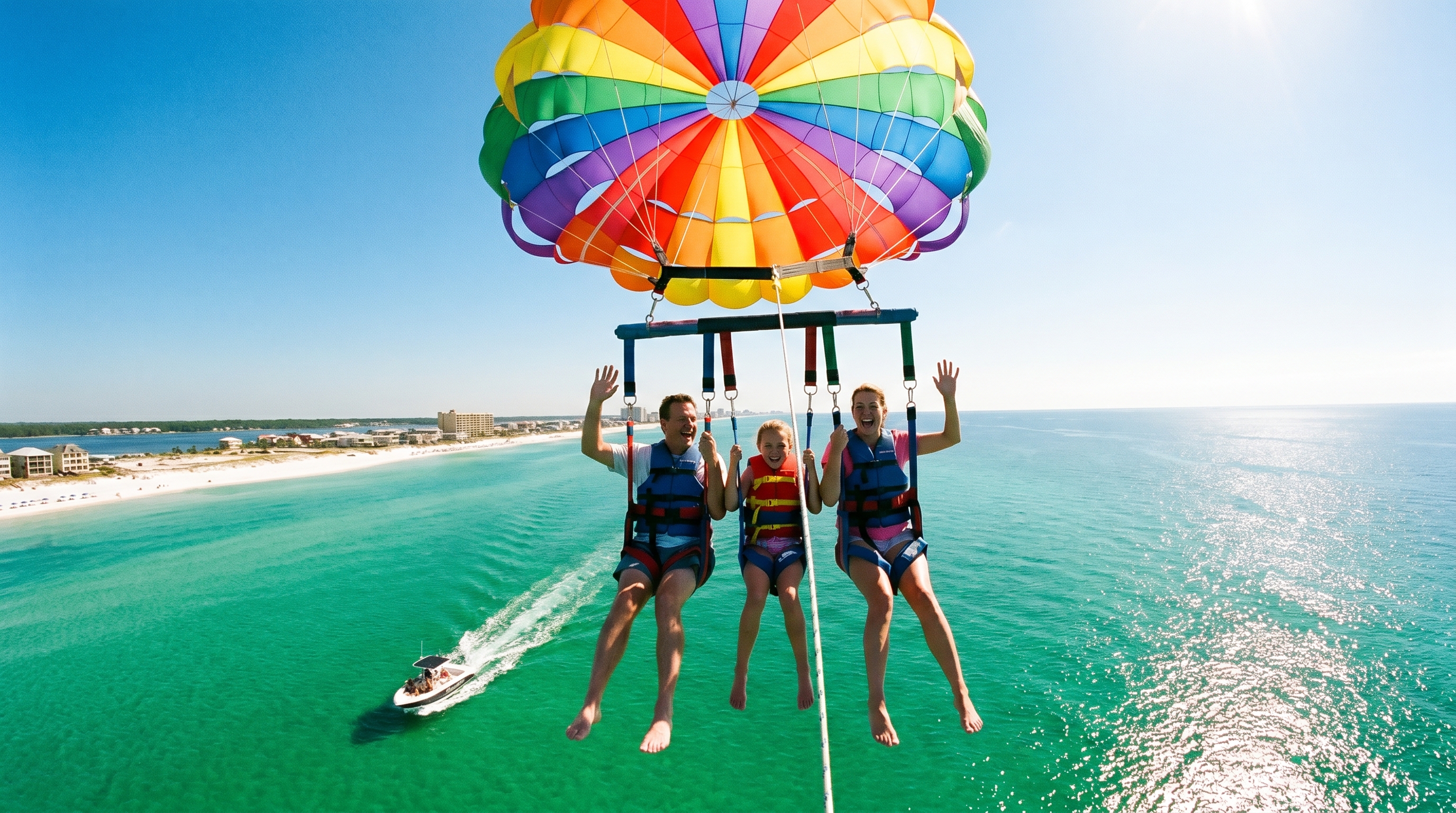 Family on a parasailing boat in Destin Florida lifting off over the emerald Gulf water on a clear June summer day