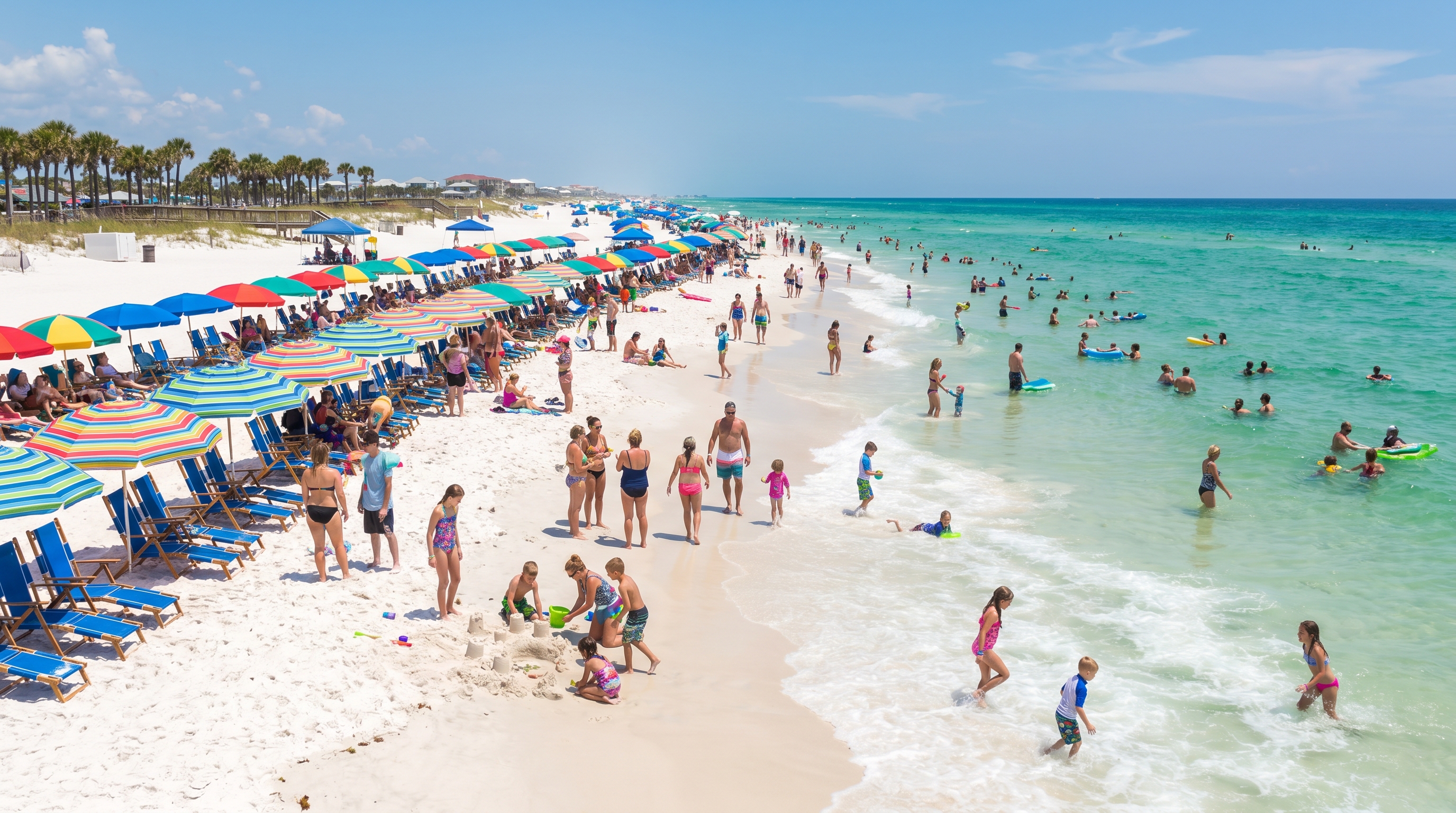 Packed summer beach in Destin Florida in June with colorful umbrellas rows of beach chairs and warm emerald Gulf water