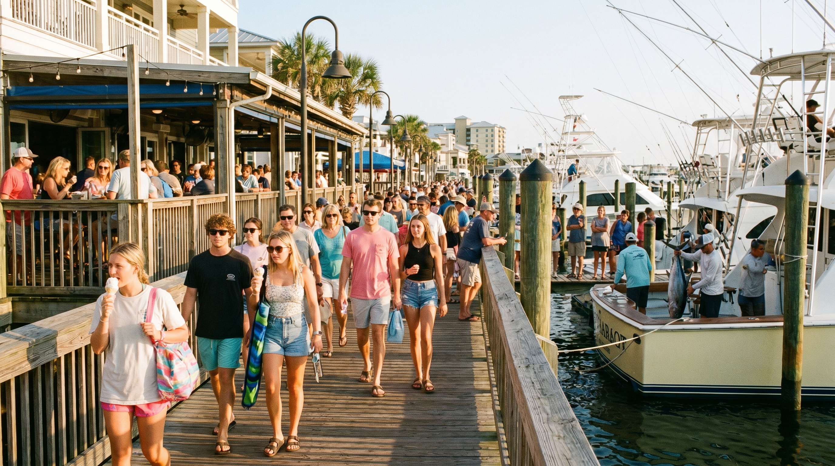 Busy Destin Harbor boardwalk in June with tourists walking past waterfront restaurants and fishing charter boats