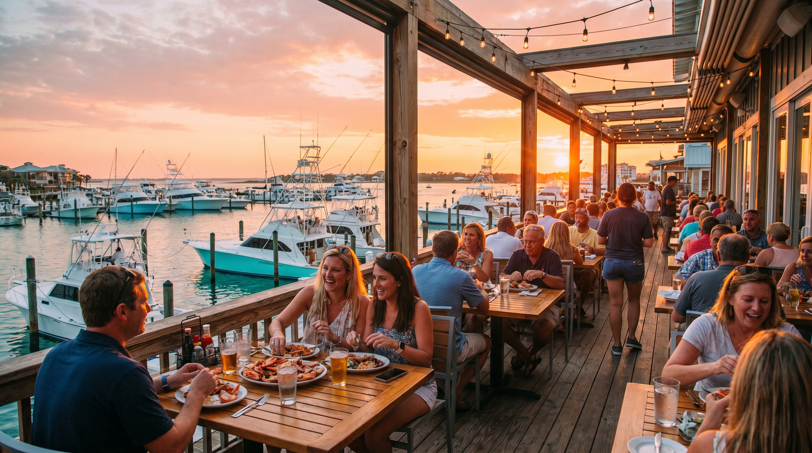 Outdoor waterfront dining at a Destin Harbor restaurant at golden hour in summer with boats and teal water behind diners