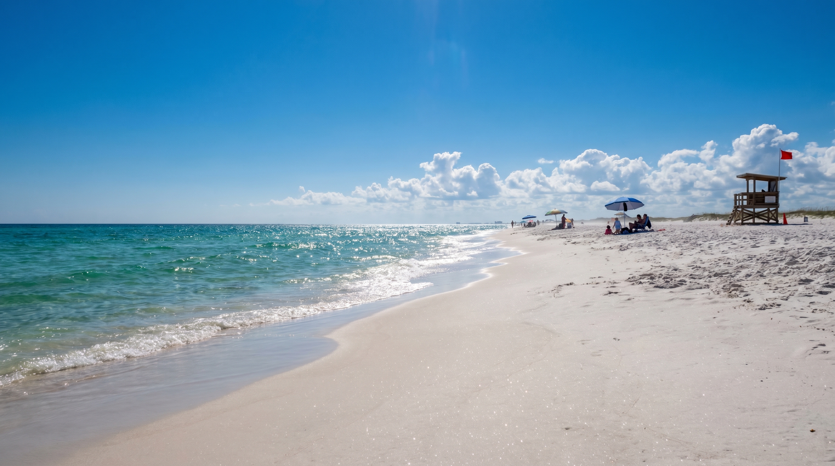 Brilliant blue sky over Destin's white sand beach and emerald Gulf water on a hot June morning