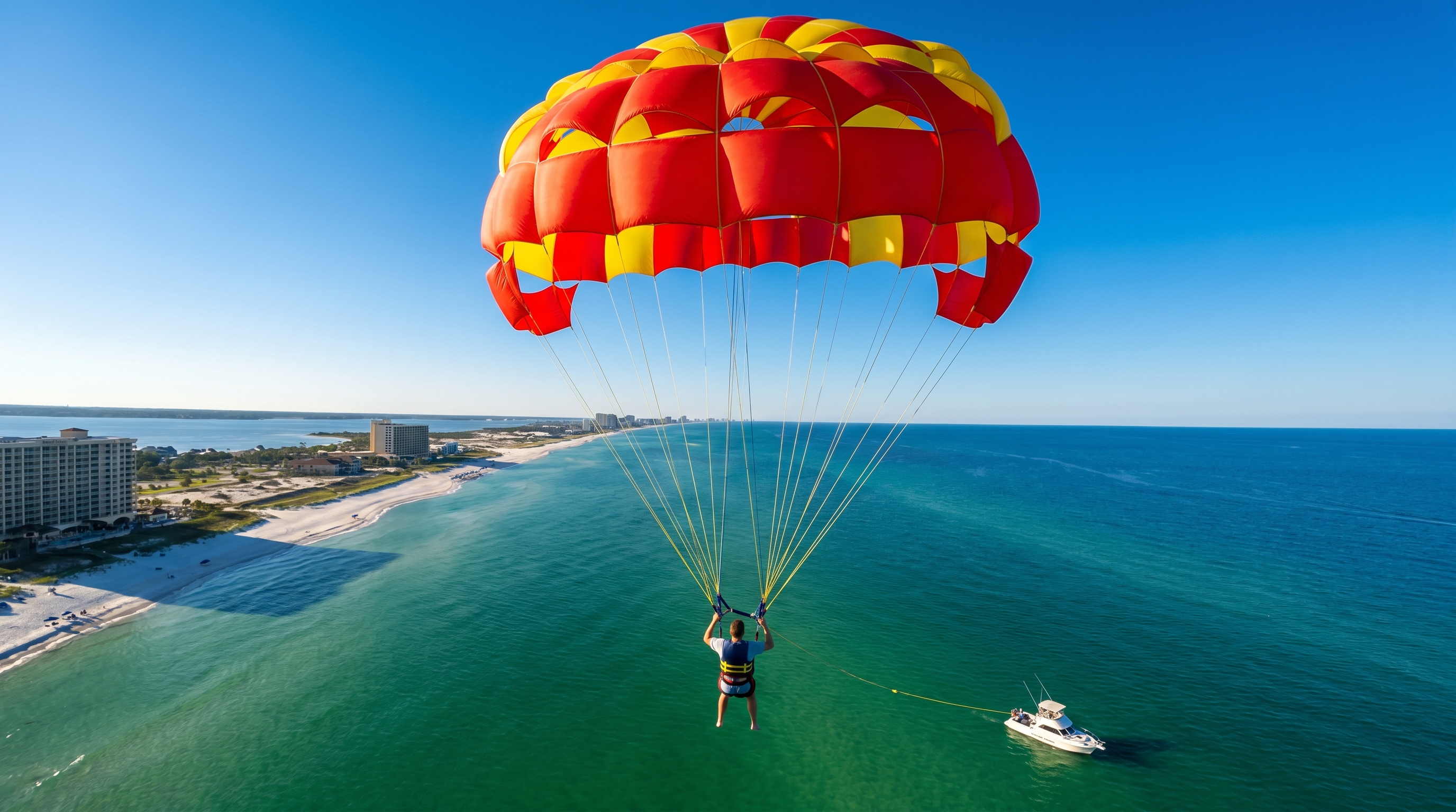Person parasailing high above the emerald green Gulf of Mexico near Destin Florida with the white sand coastline visible below