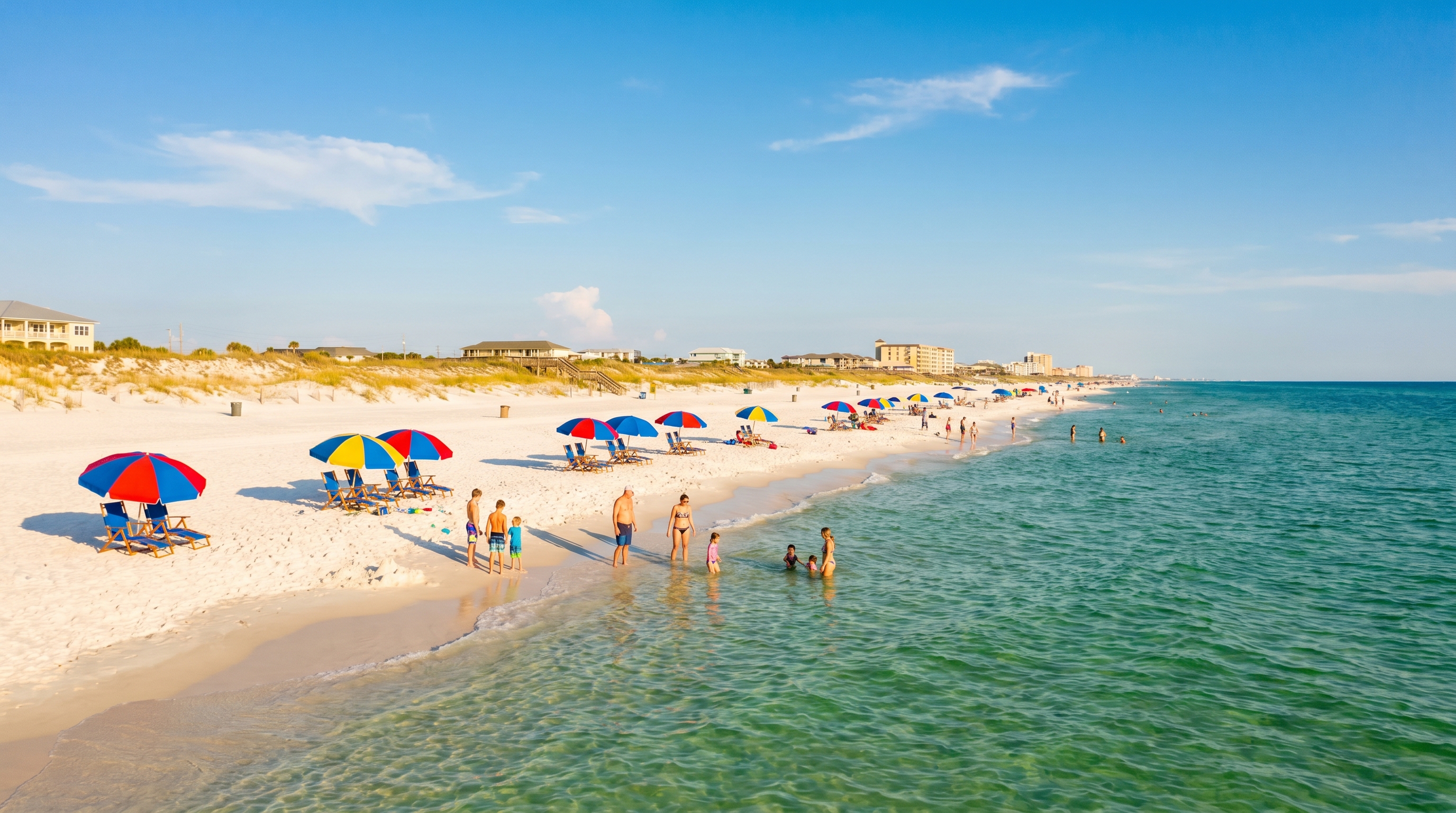 Moderately busy white sand beach in Destin Florida on a warm September day with emerald green Gulf water and colorful beach umbrellas
