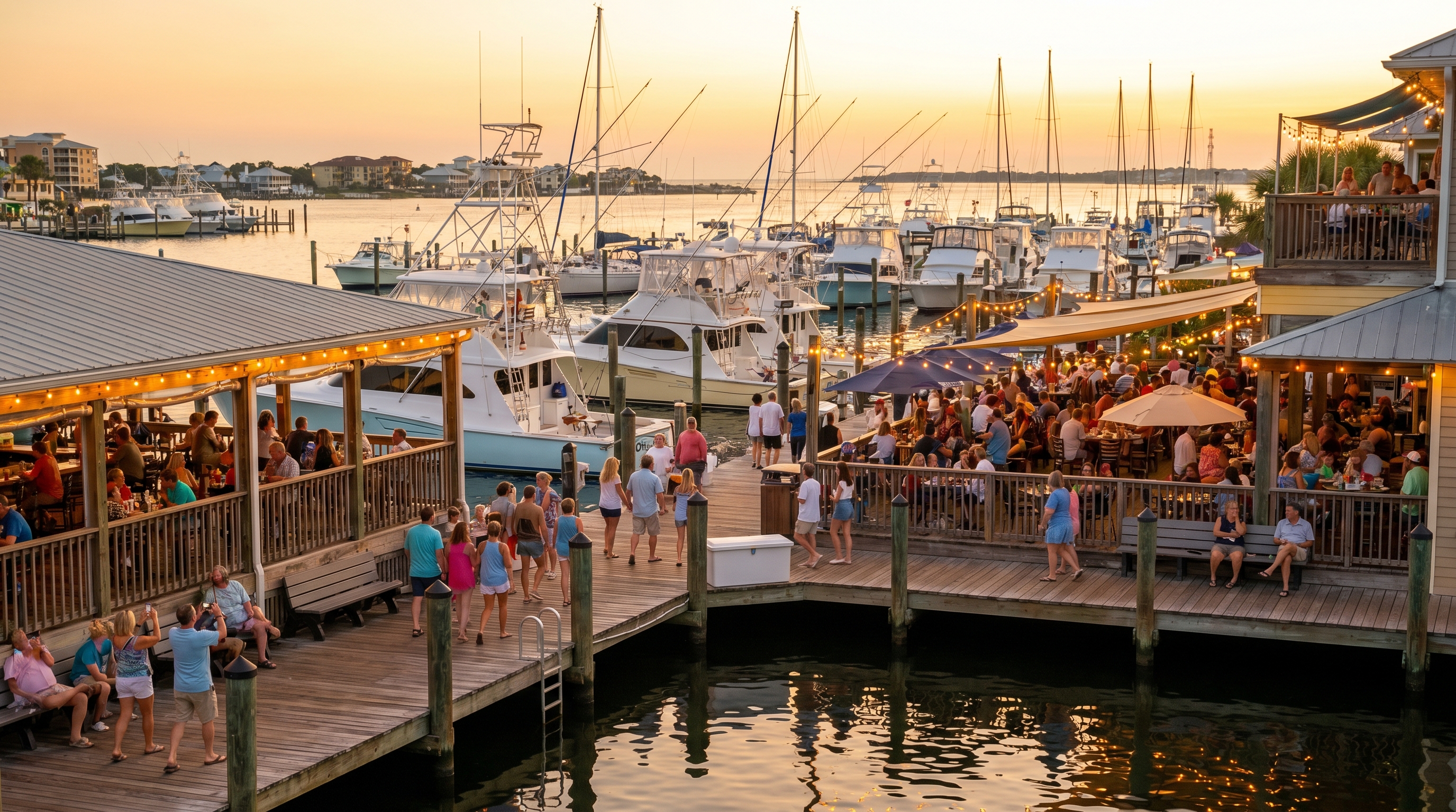 Destin HarborWalk Village waterfront at golden hour during Labor Day weekend with boats docked and outdoor restaurants lit up