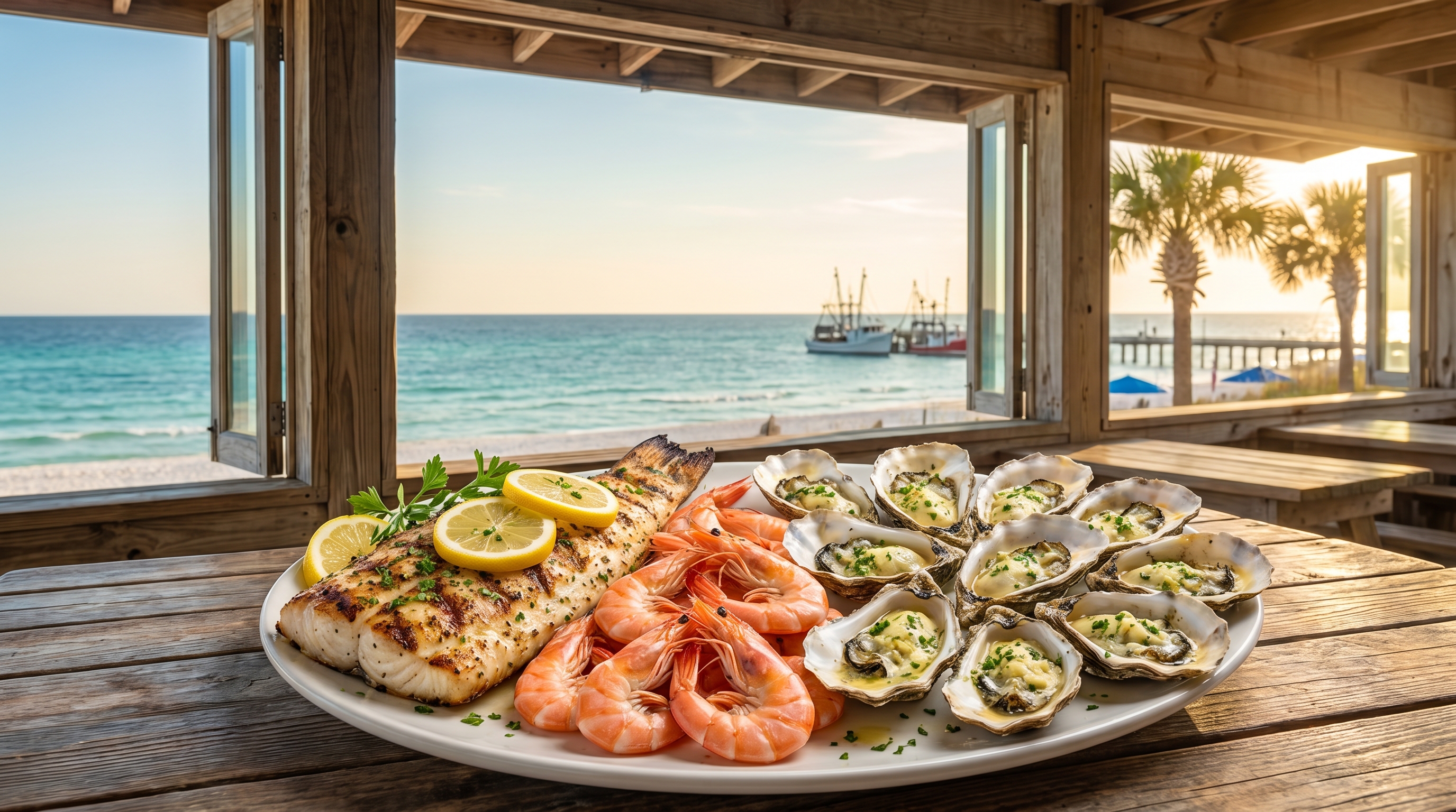 Fresh Gulf seafood platter with grilled grouper, boiled shrimp, and chargrilled oysters at a waterfront restaurant in Destin Florida