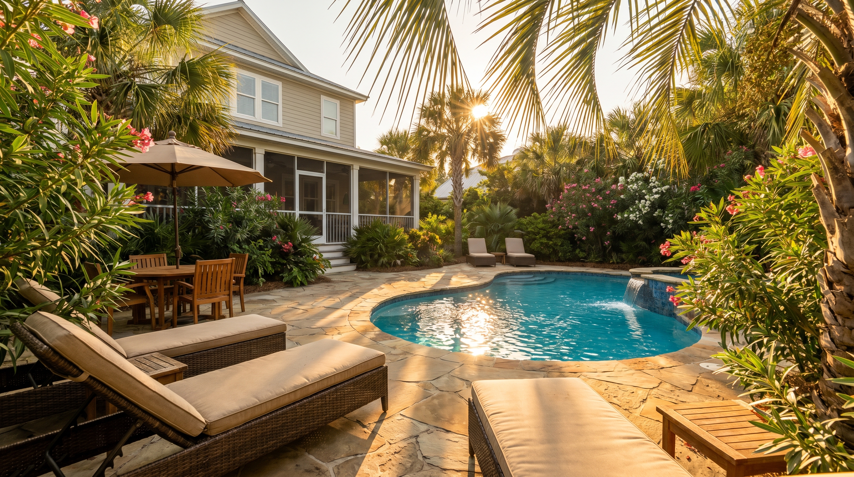 Private pool at a Miramar Beach vacation rental home with lounge chairs and palm trees on a warm late-summer afternoon