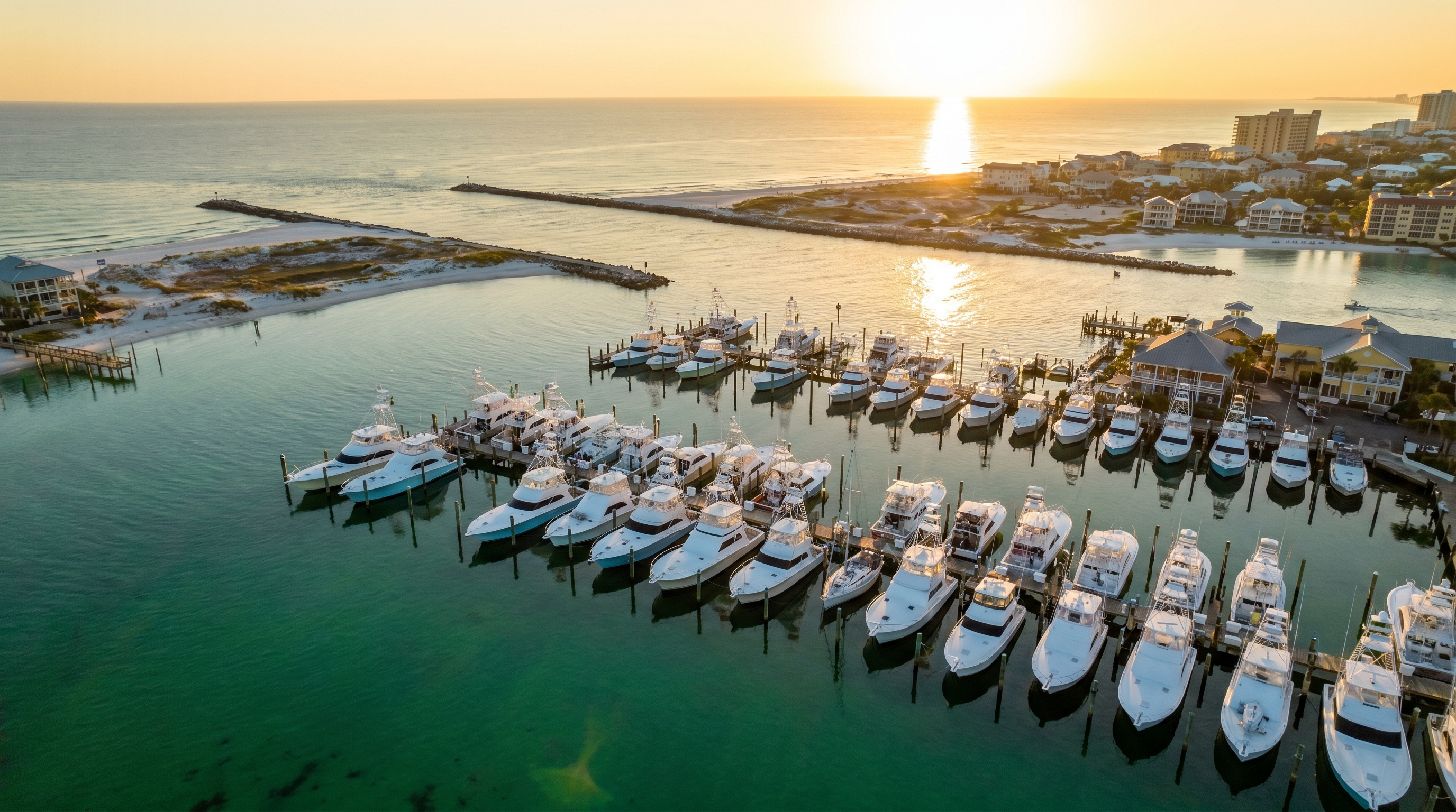 Destin Harbor at sunrise with charter fishing boats docked and ready, a major part of the local economy