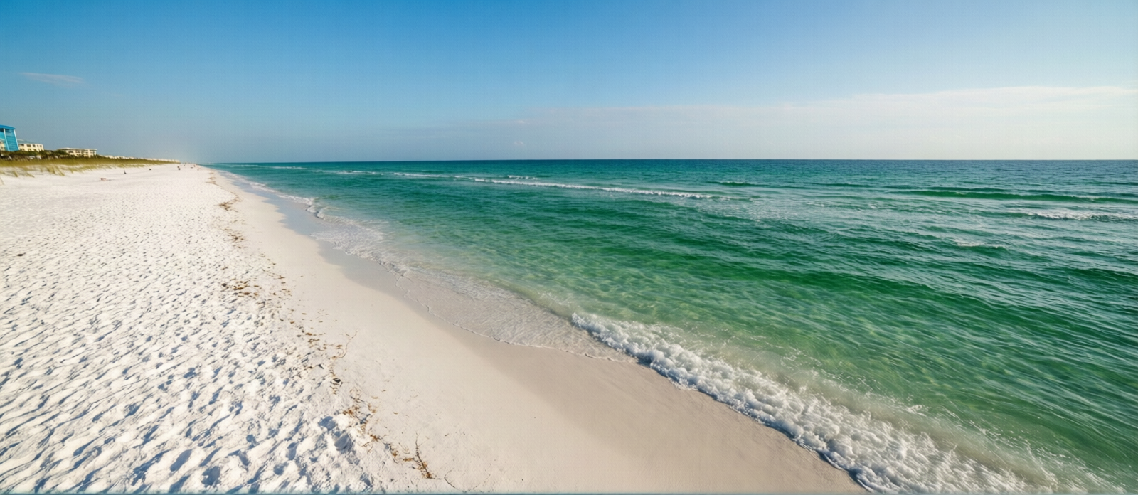 Quiet, nearly empty Destin beach in October with turquoise water and a lone local walking the shoreline at sunrise