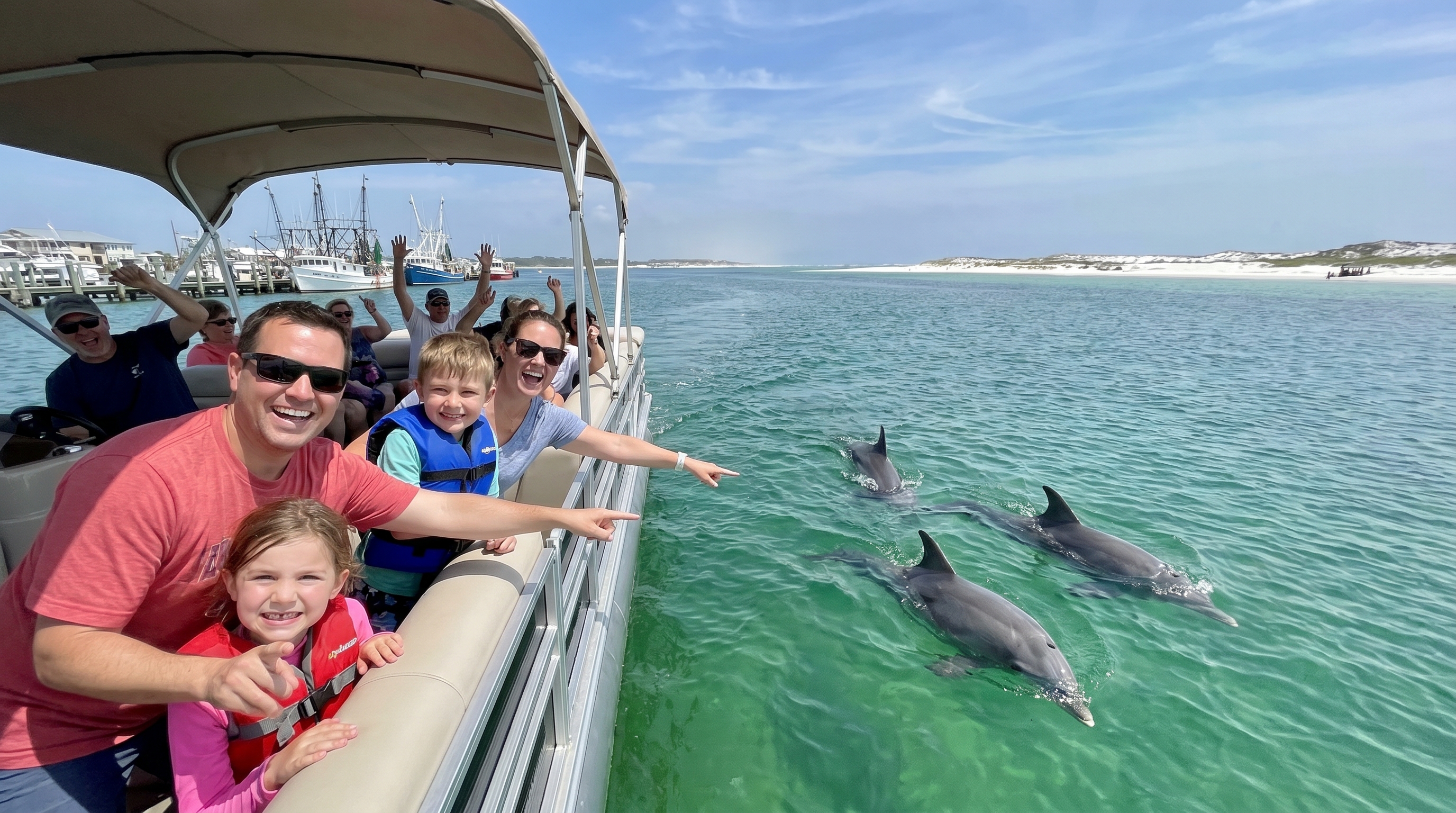 Family on a dolphin watching boat cruise in Destin Florida with emerald Gulf water behind them
