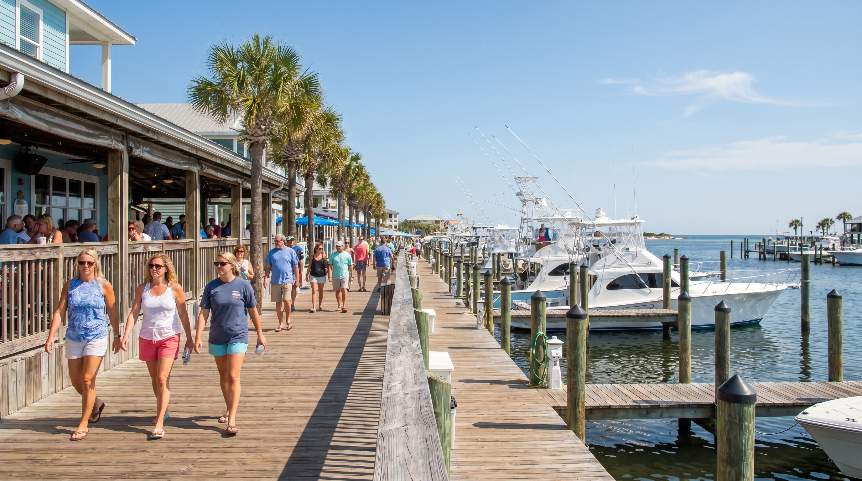 Destin Harbor boardwalk in May with moderate crowd of visitors at waterfront restaurants and docks