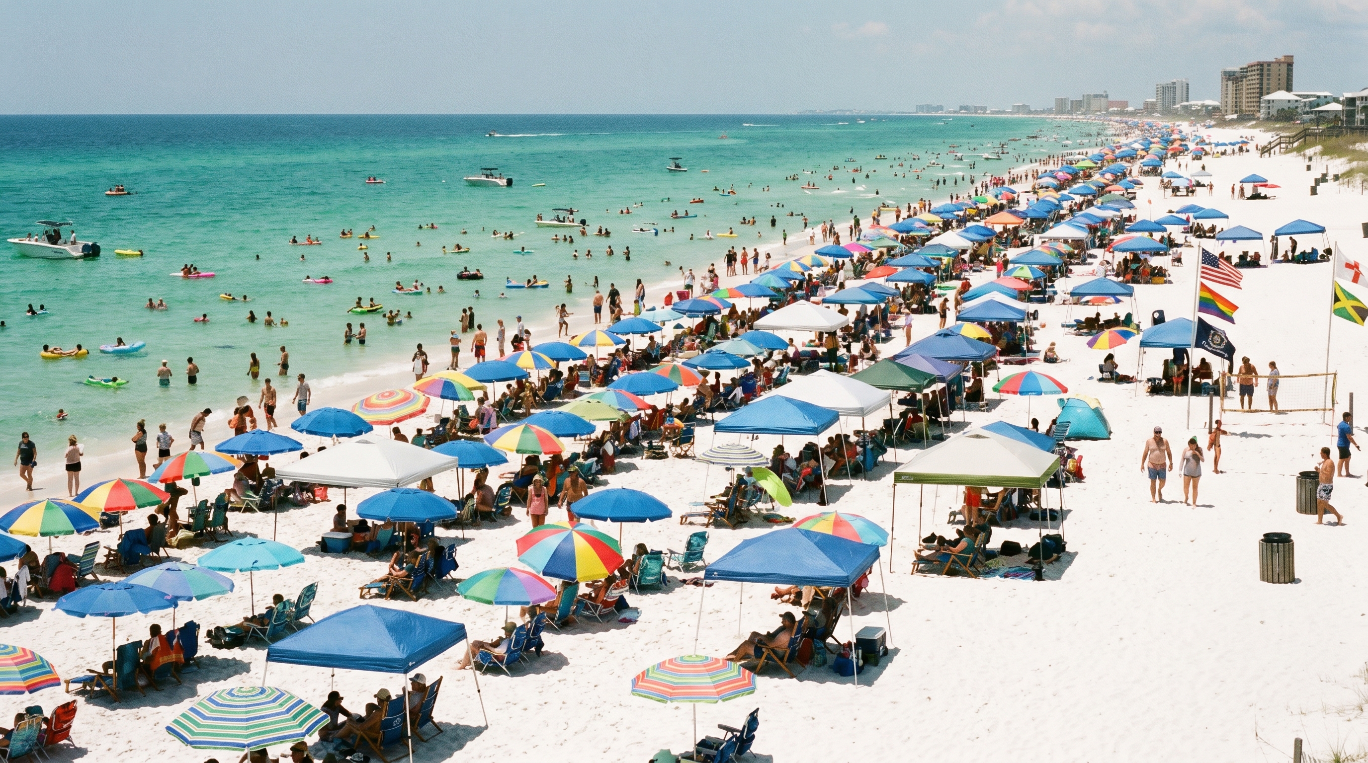 Busy Destin beach during Memorial Day weekend with beach chairs umbrellas and crowds along the Gulf