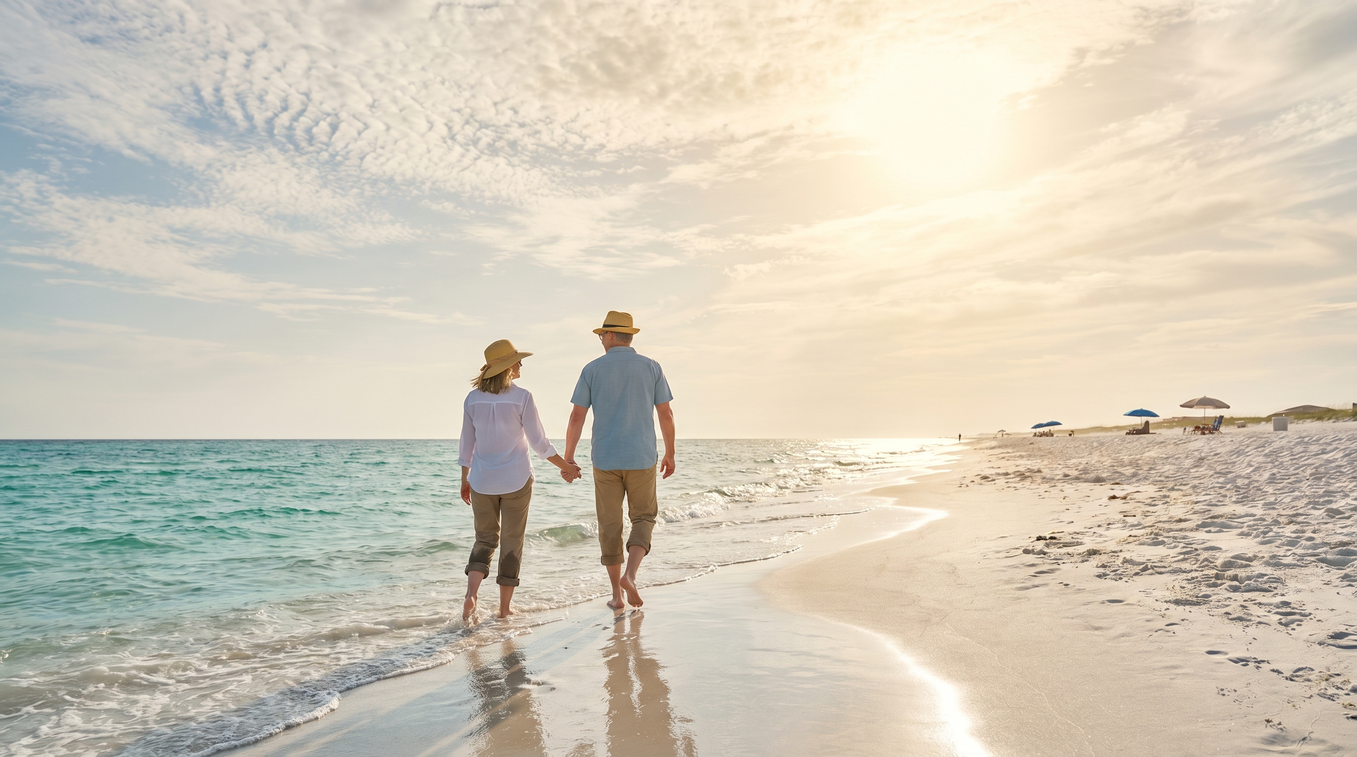 Sunny clear sky over Destin's white sand beach in late spring May with calm Gulf waters