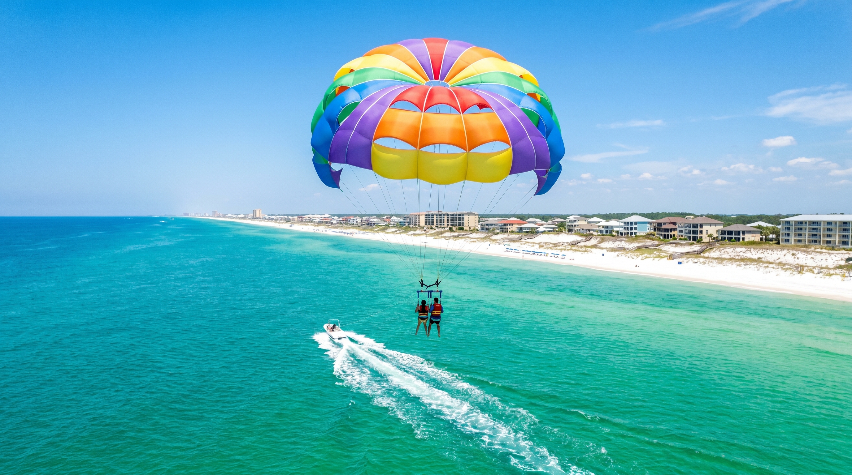 Parasailing over the emerald green Gulf of Mexico near Destin Florida on a clear summer day with boats below