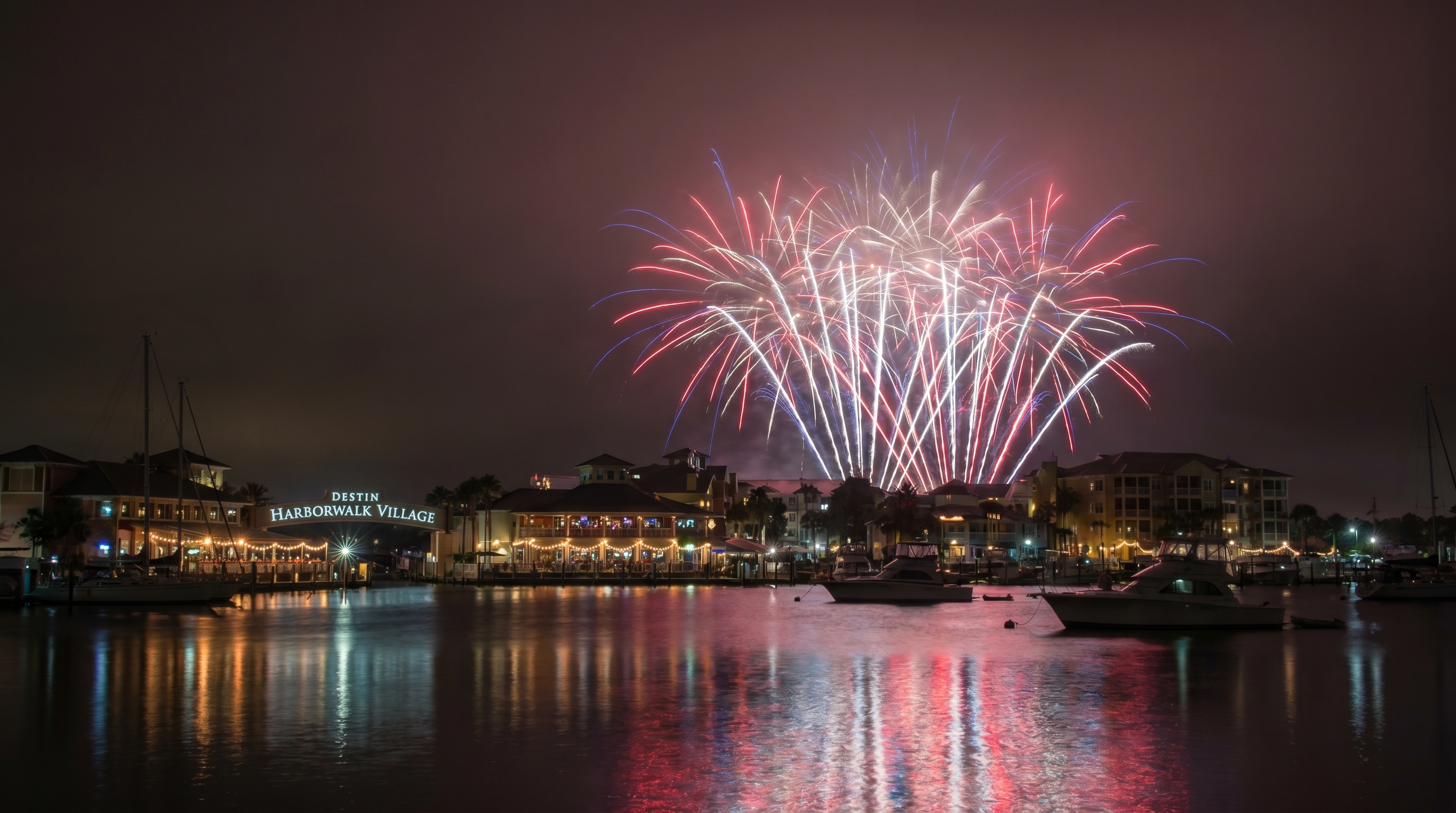 Fireworks bursting over Destin HarborWalk Village at night reflecting on the calm harbor water on Memorial Day weekend