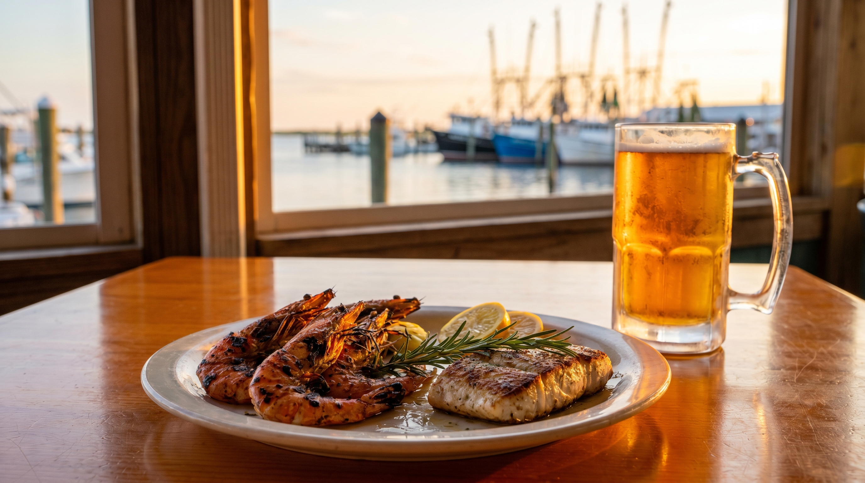 Grilled Gulf shrimp and fresh-caught grouper served at a waterfront seafood restaurant in Destin Florida