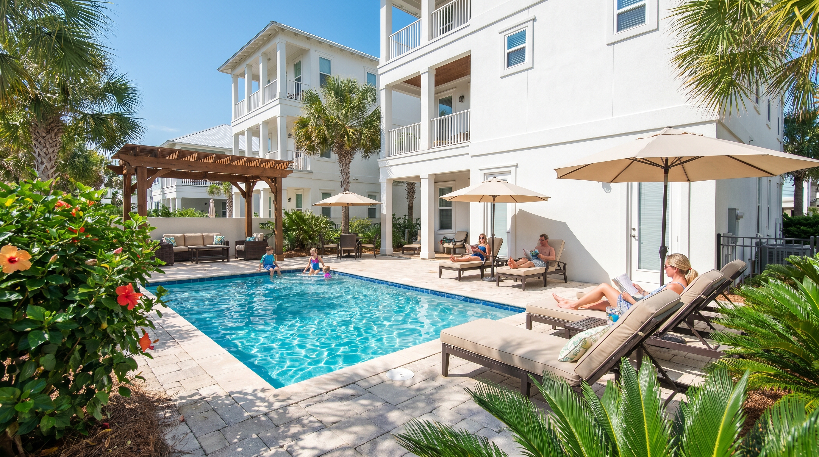 Private pool in a Miramar Beach vacation rental home with lounge chairs on a sunny Florida morning