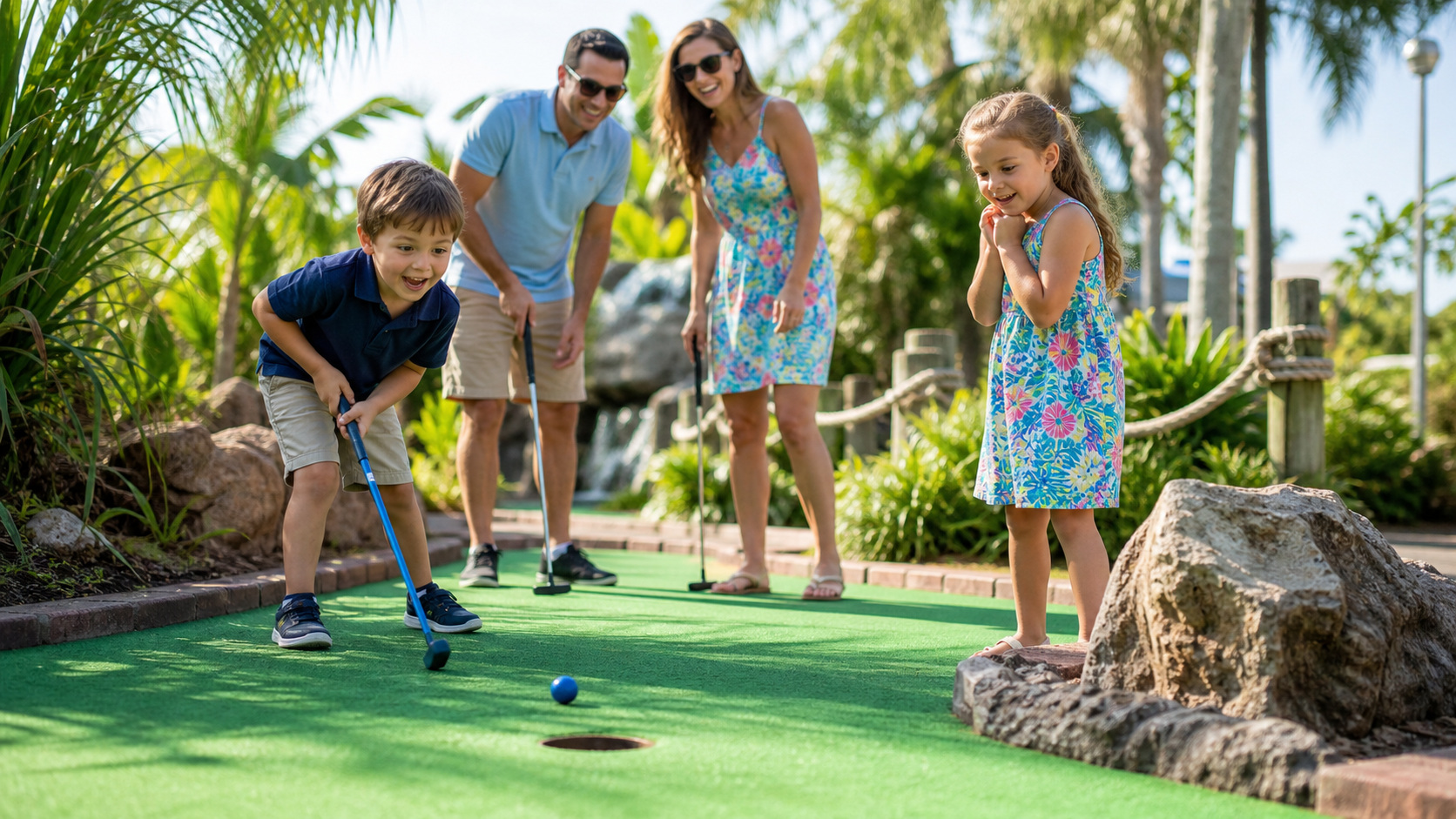 Happy family with young children playing mini golf at a tropical outdoor course in Florida, kids excitedly watching a golf ball roll toward the hole on a sunny day