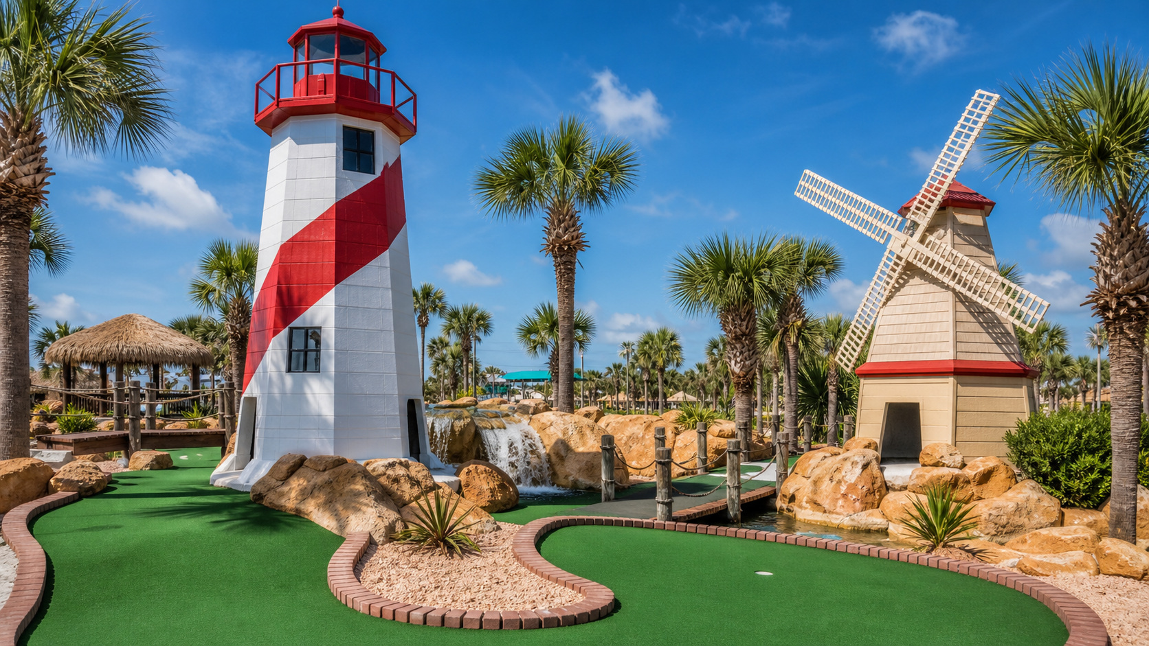 Colorful tropical-themed outdoor mini golf course in Destin Florida with lighthouse and windmill obstacles, emerald-green turf, palm trees, sunny day