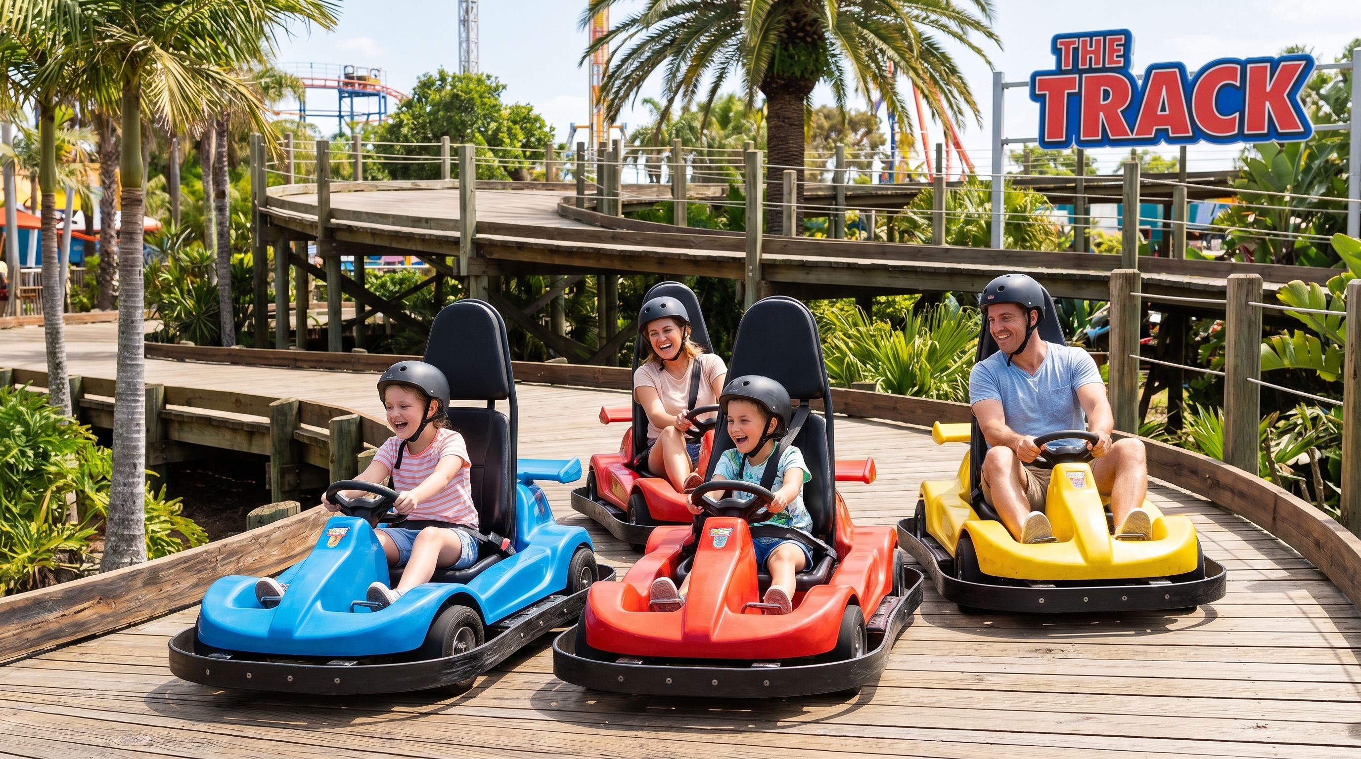 Family racing go-karts at The Track in Destin