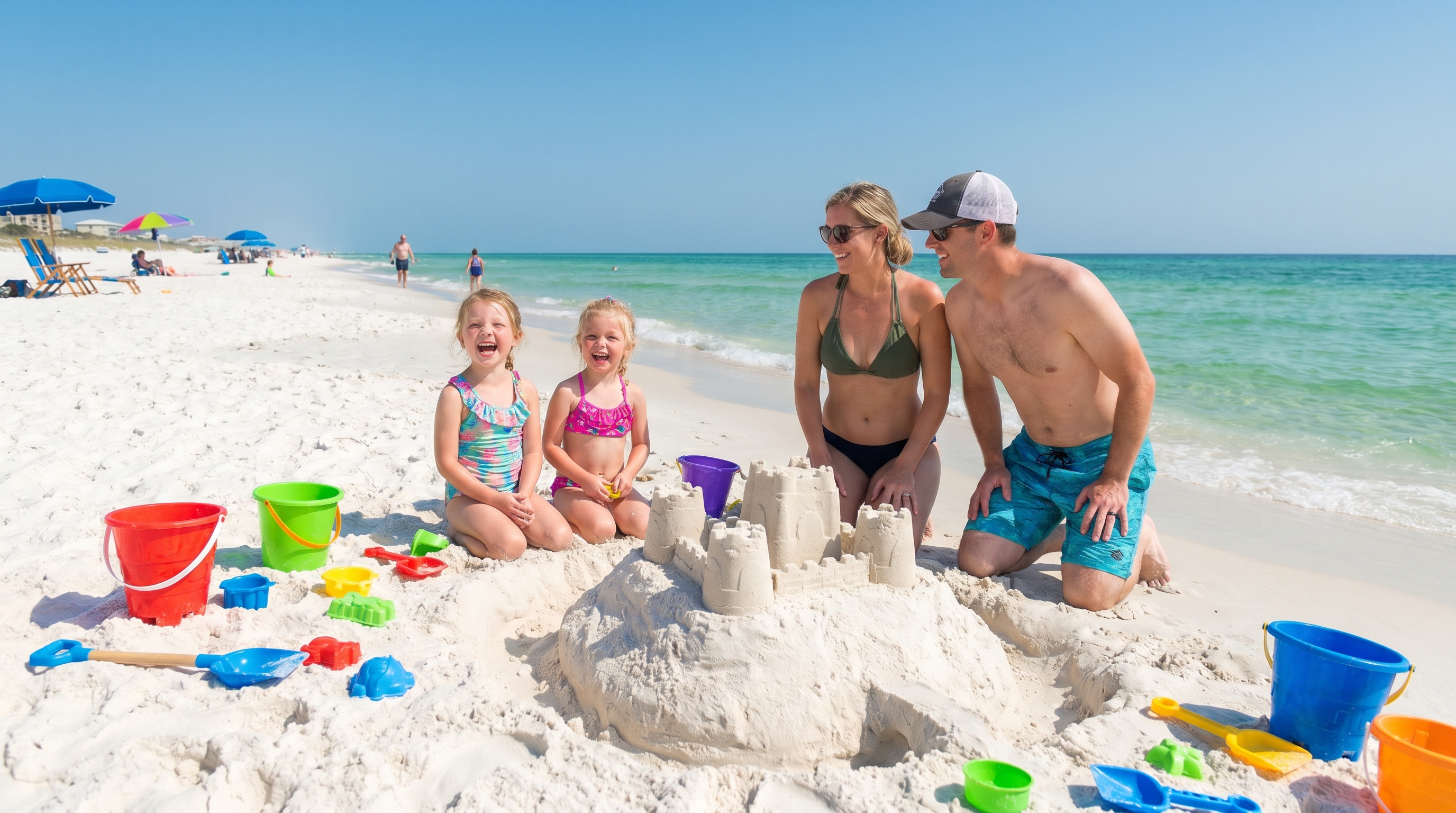 Family building sandcastles on Miramar Beach