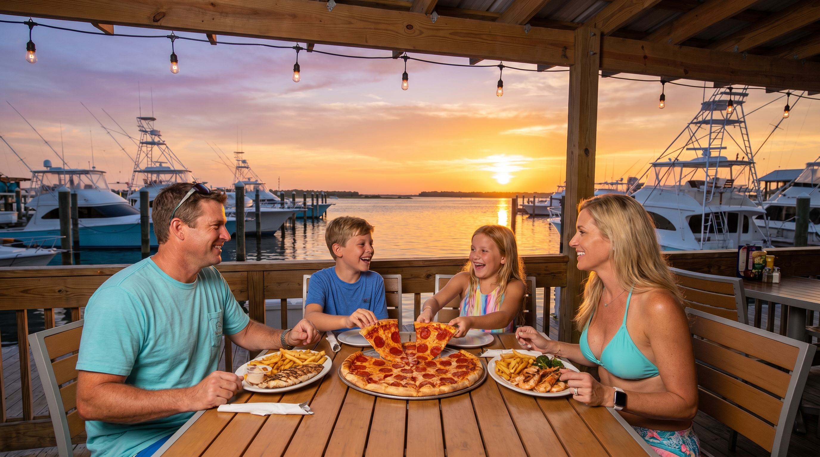 Family eating at a waterfront restaurant in Destin at sunset