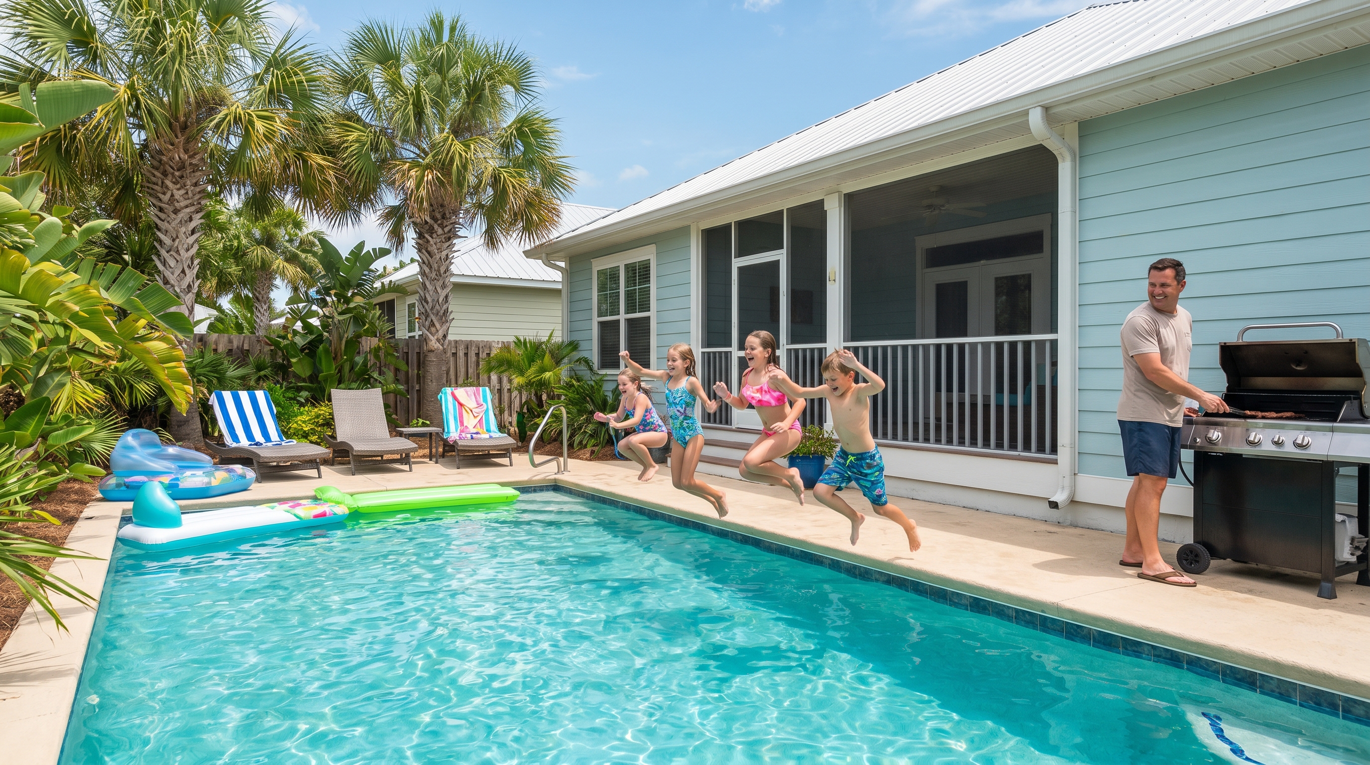 Kids jumping into a private pool at a Miramar Beach vacation rental