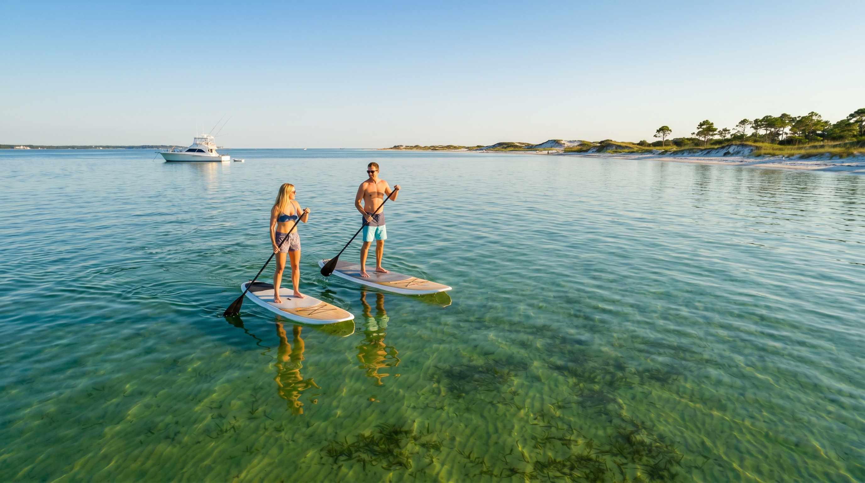 Two people paddleboarding on calm emerald-green bay water near Destin Florida in early fall sunshine