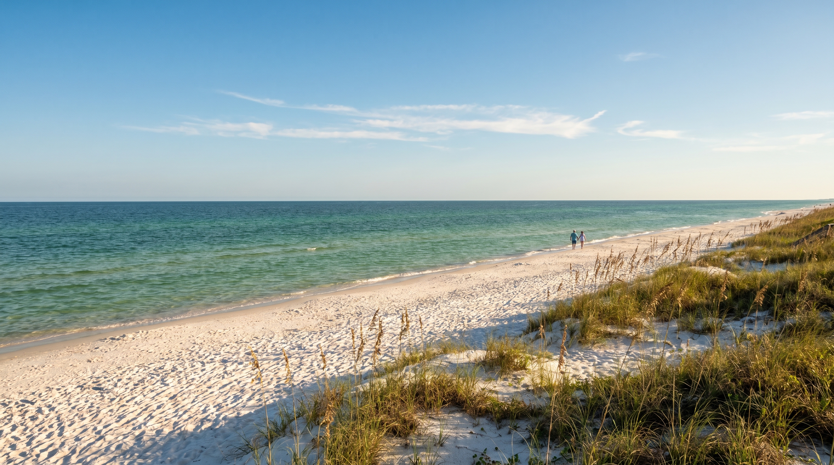Nearly empty sugar-white sand beach at Henderson Beach State Park Destin Florida in September with emerald green Gulf water