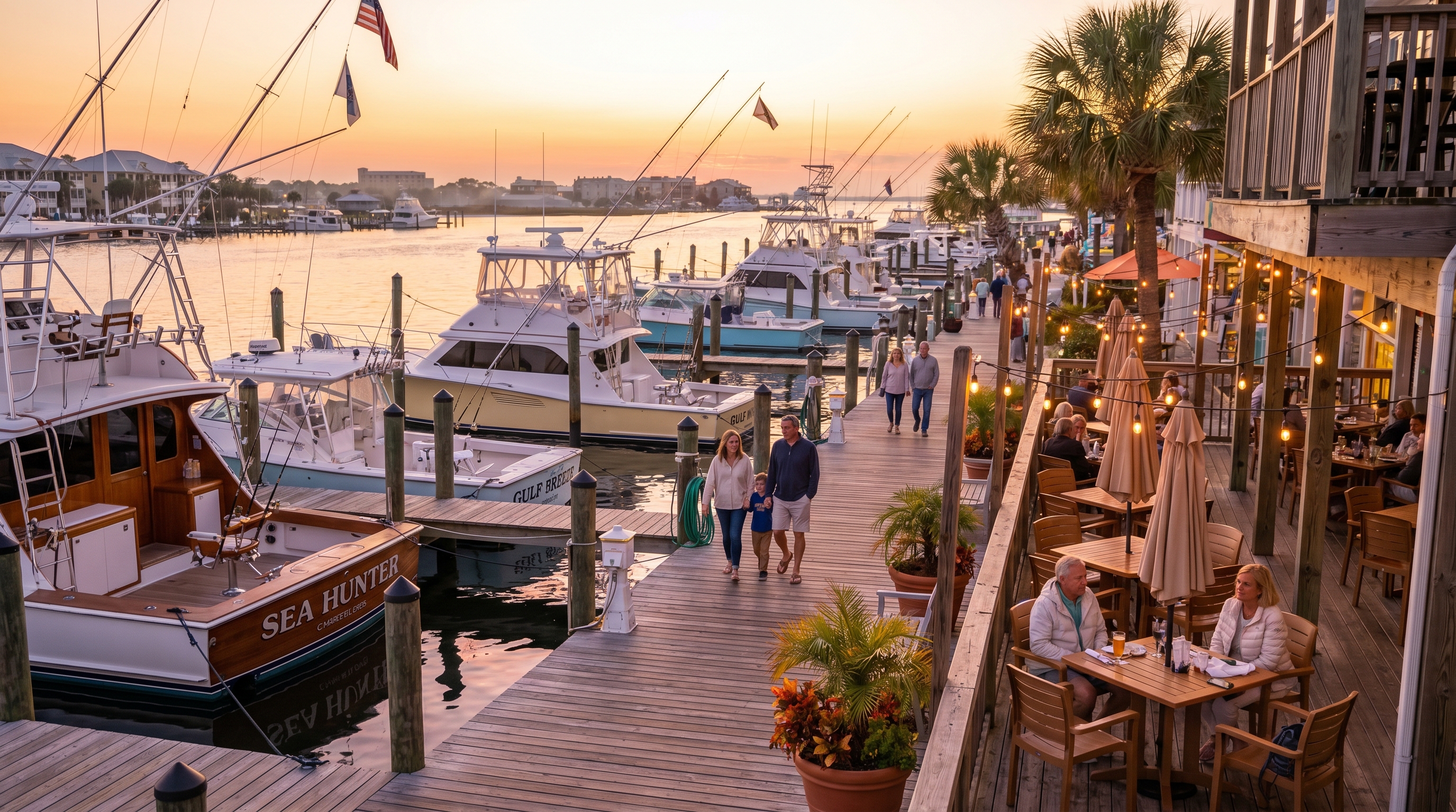 Destin Harbor boardwalk at golden hour sunset in September with charter fishing boats docked and waterfront restaurant patios lit up