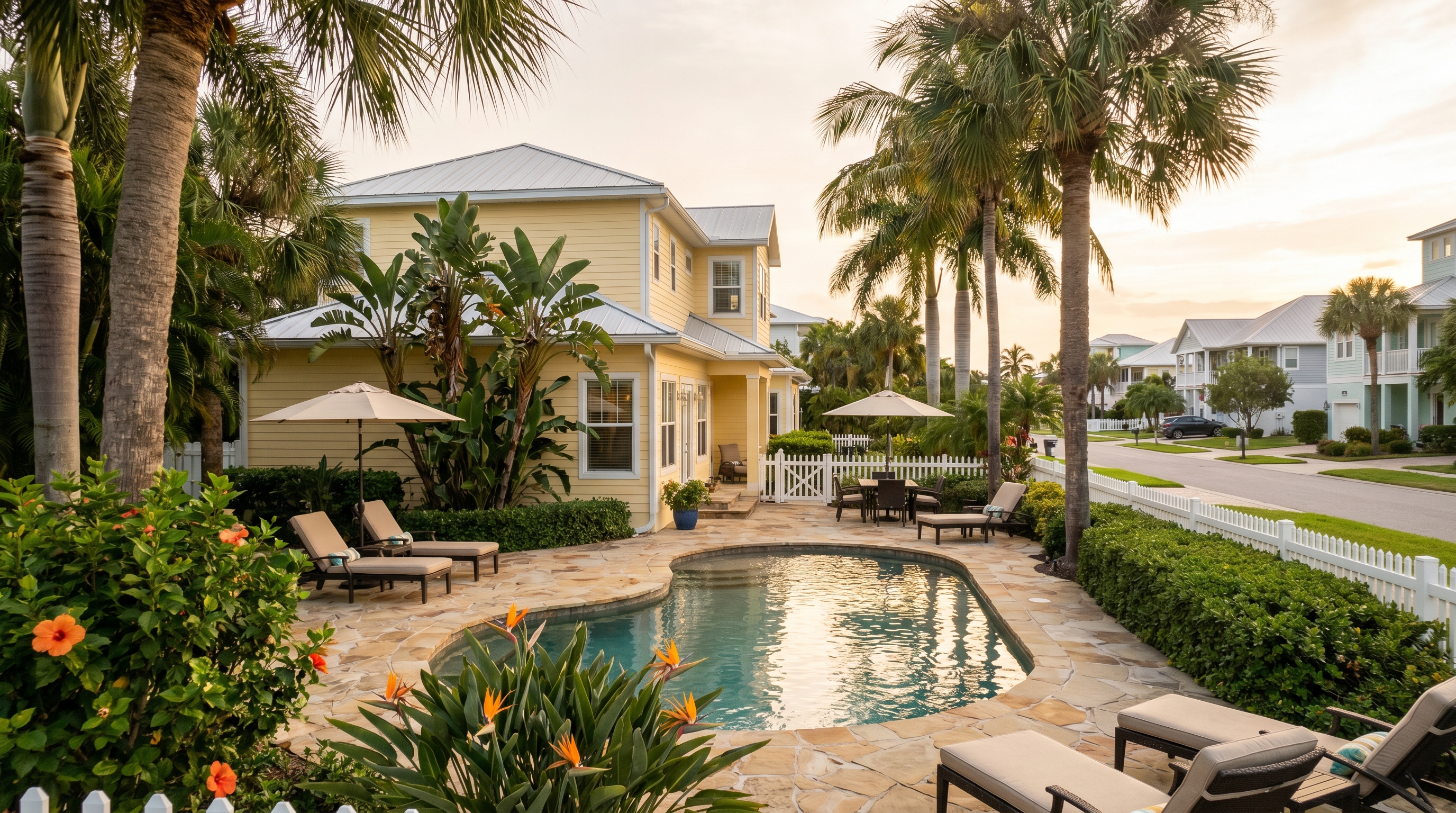 Florida vacation rental beach house with private pool surrounded by palm trees in golden hour off-season light
