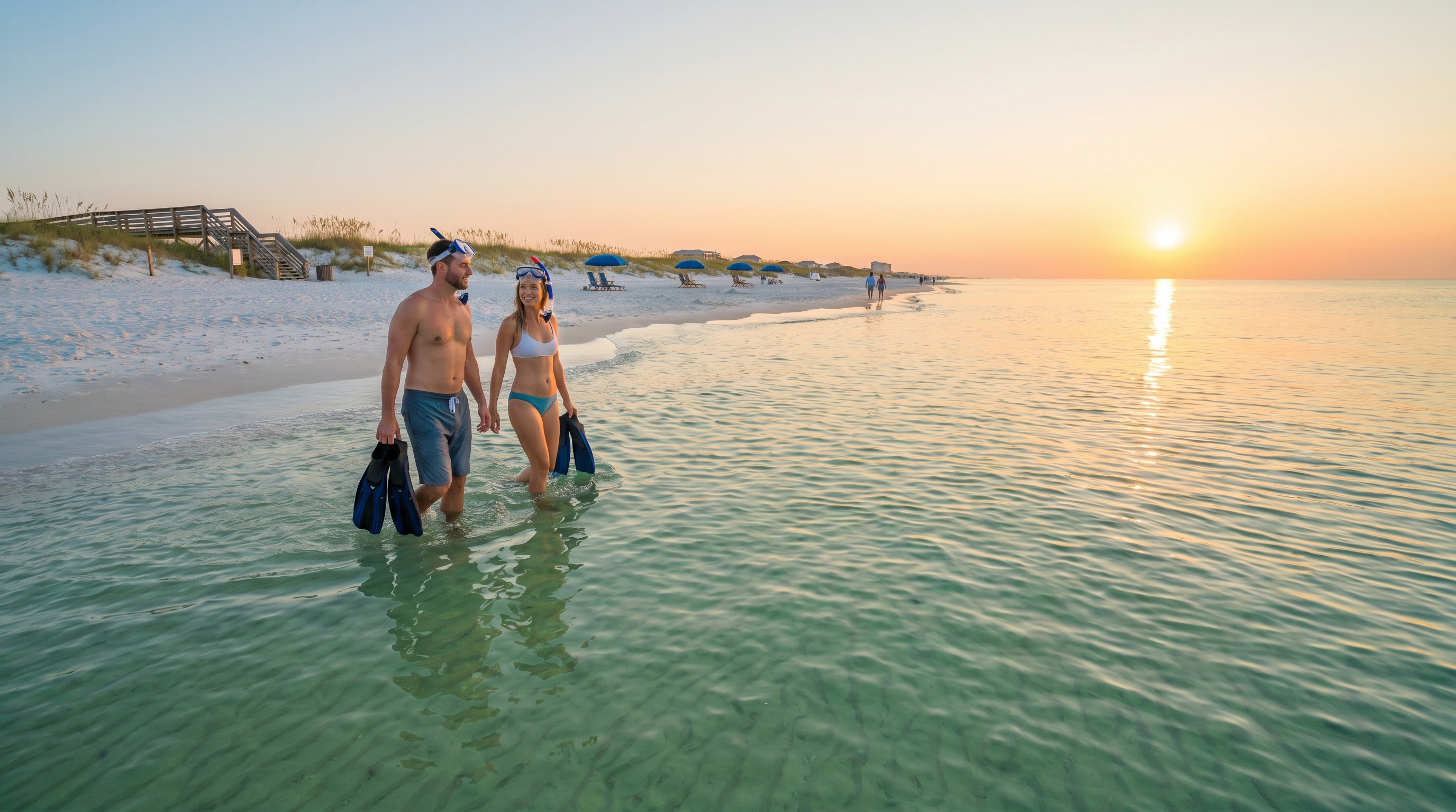 A couple wading into clear emerald-green Gulf water at a Destin Florida beach access point wearing snorkel masks and fins