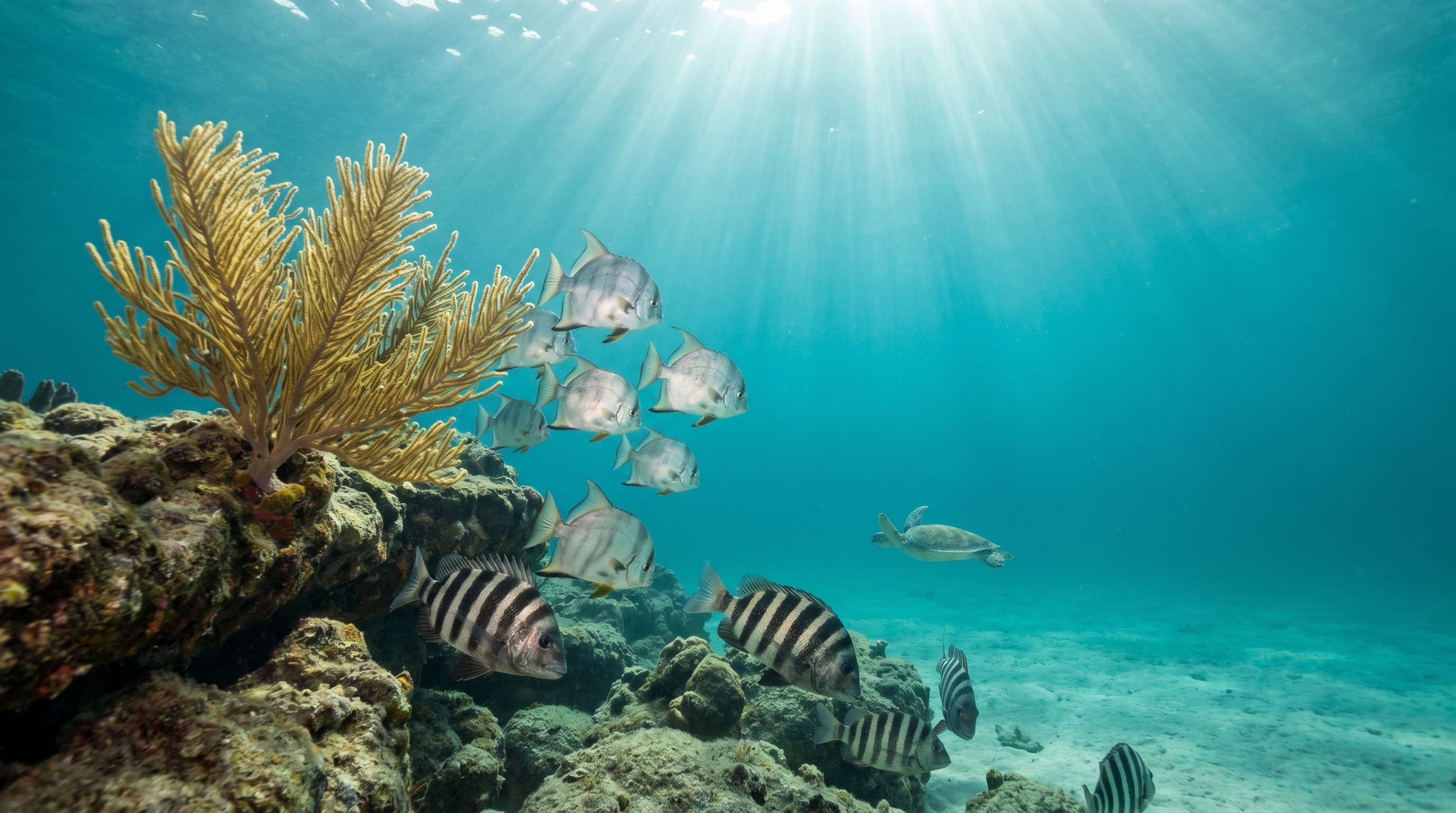 School of colorful tropical fish and a sea fan coral visible in clear water near a limestone ledge off Destin Florida