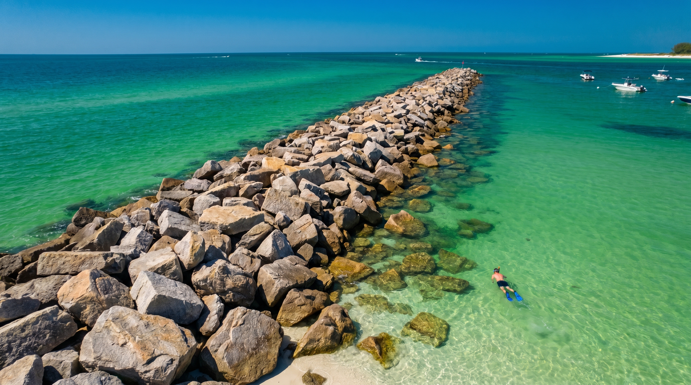 Aerial view of the East Jetty rocks and emerald-green water at the entrance to Destin Harbor, a popular snorkeling spot