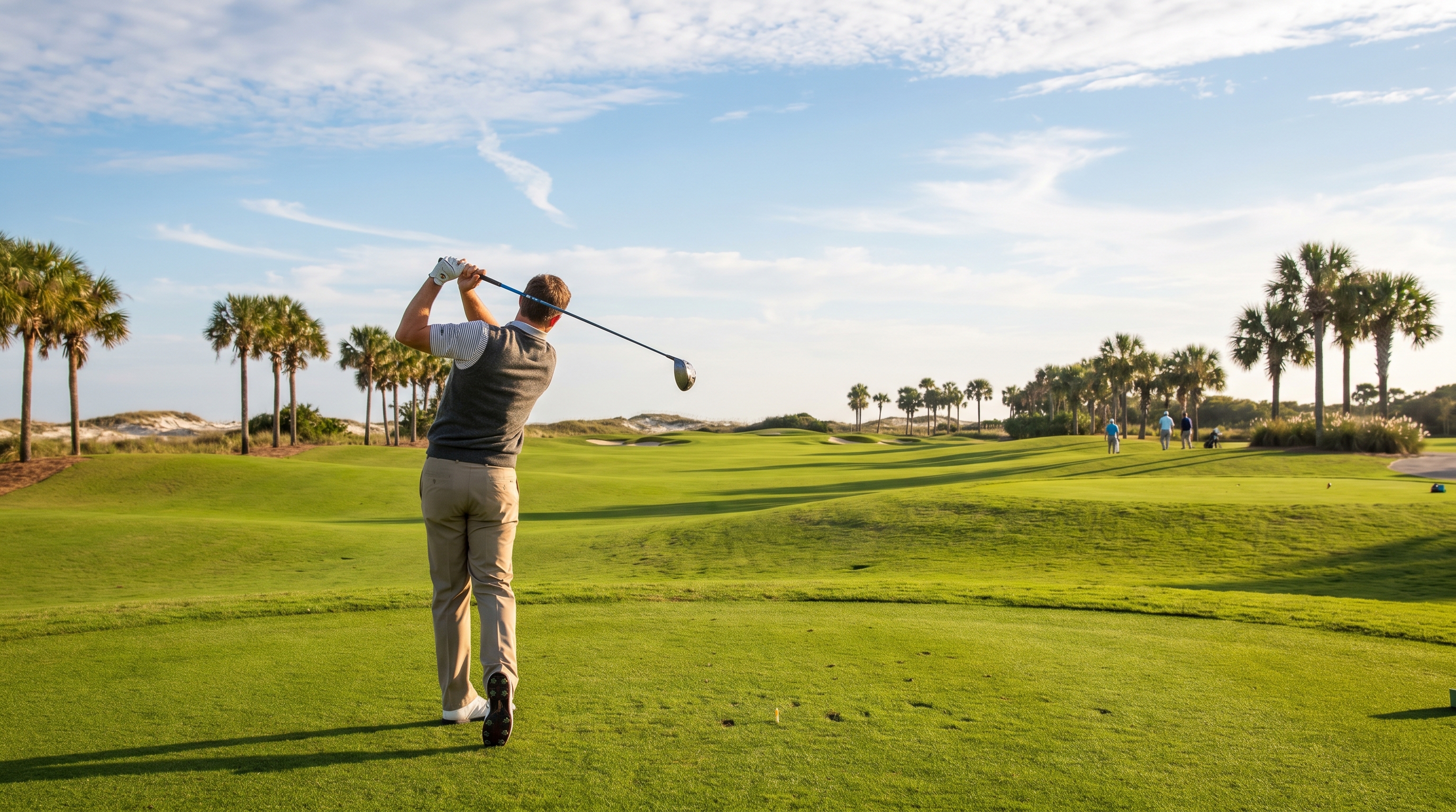 Snowbirds playing golf on a Destin-area course during mild winter weather