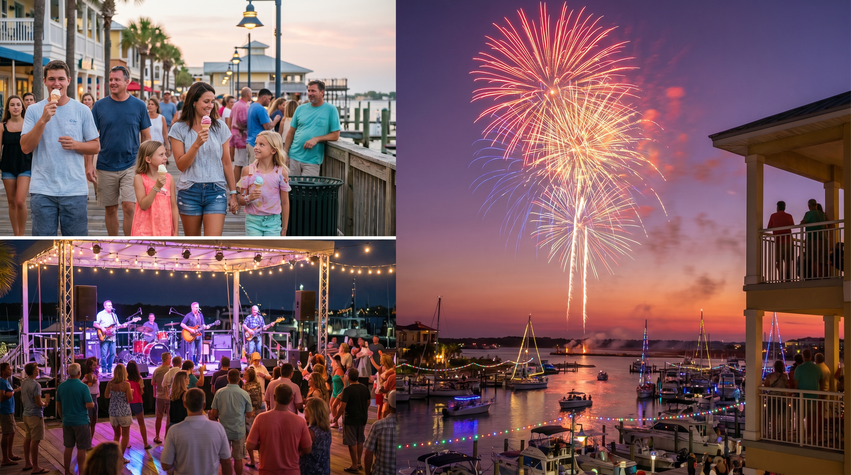 Summer evening at Destin Harbor with string lights, boats, and sunset colors
