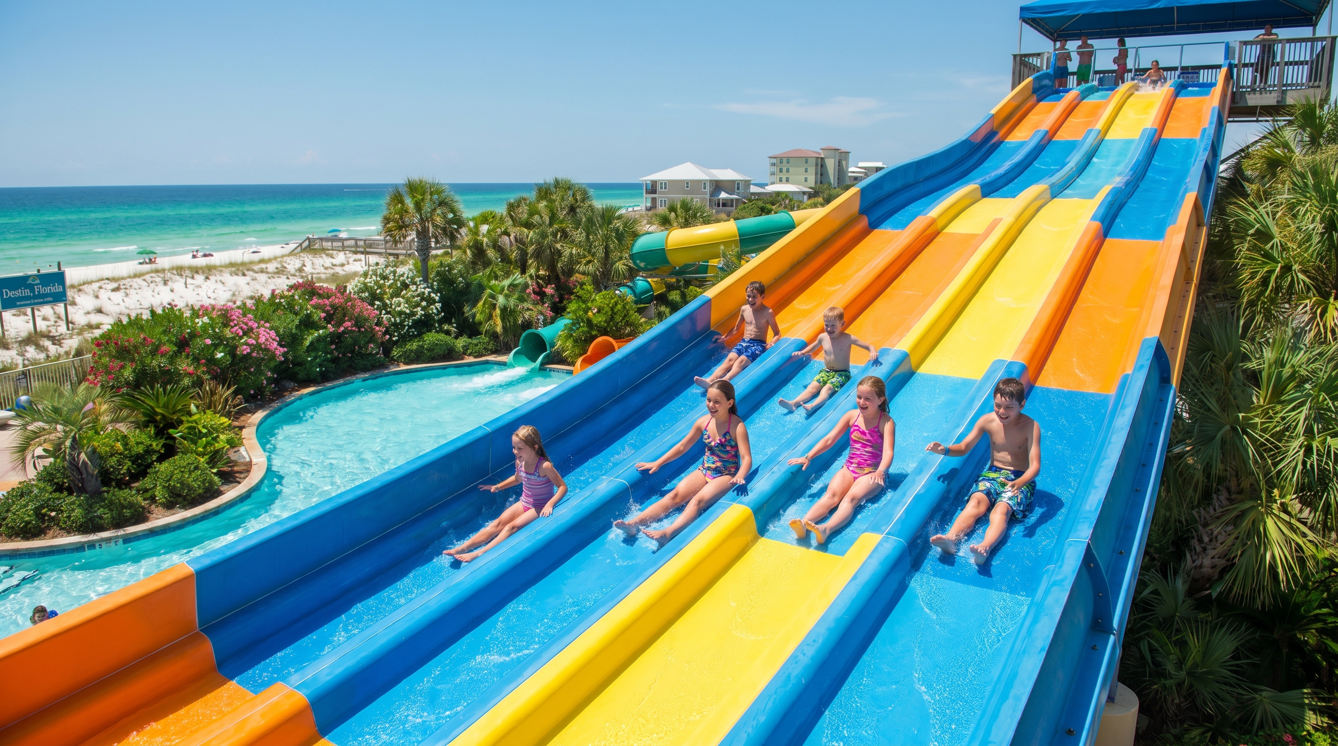 Family with kids building sandcastles and playing in the shallow Gulf water in summer