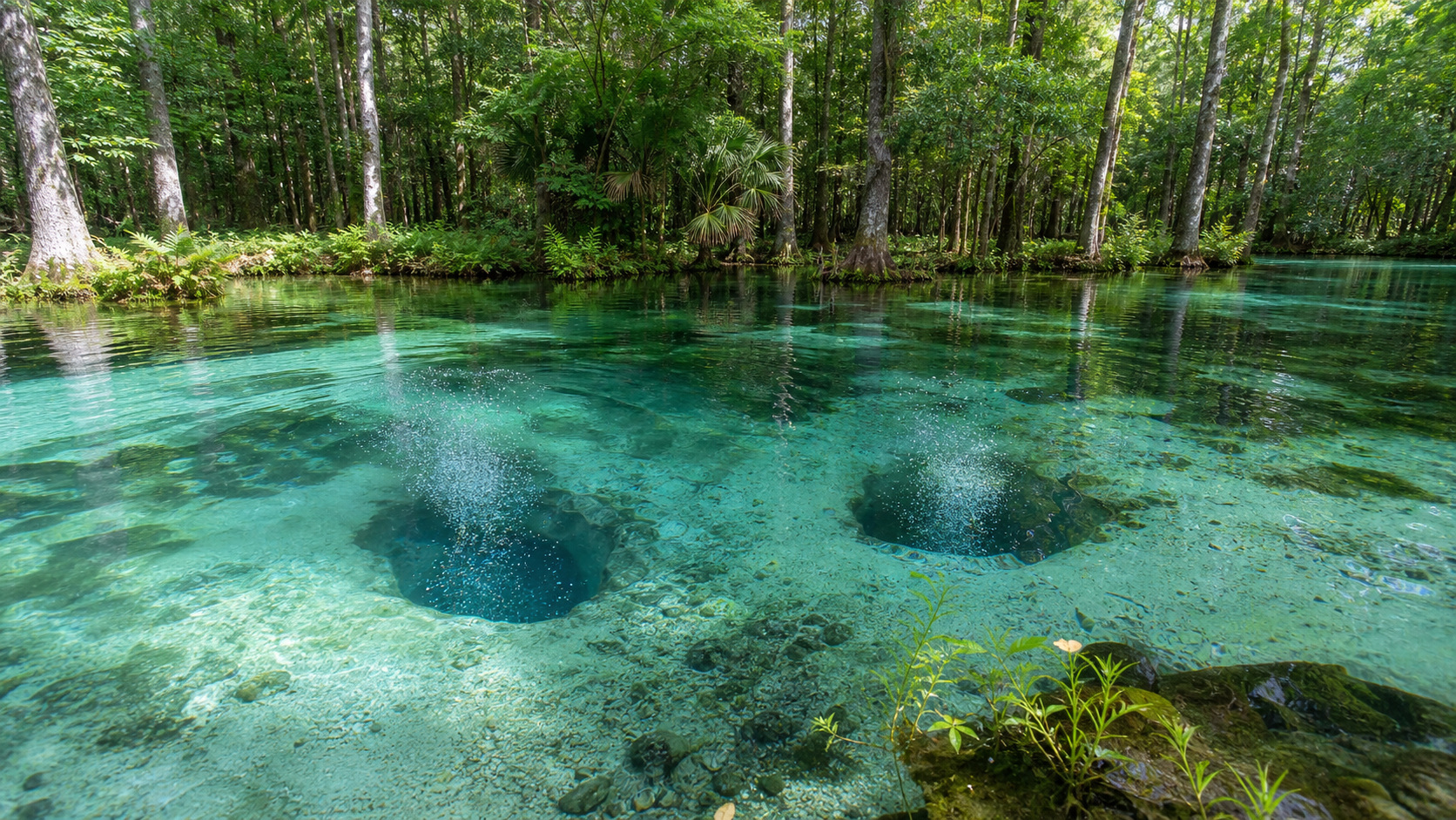 Two bubbling spring vents with crystal-clear 68-degree water at Ponce de Leon Springs State Park in Florida surrounded by cypress trees and aquatic vegetation