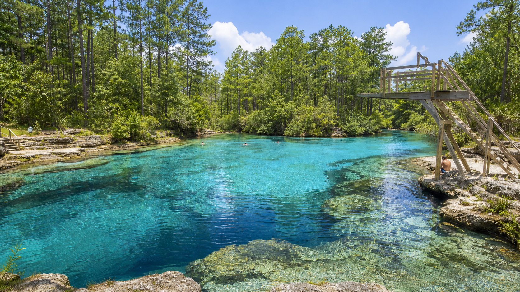 Clear blue spring pool at Vortex Spring near Ponce de Leon Florida with a wooden diving platform and swimmers on a sunny summer day