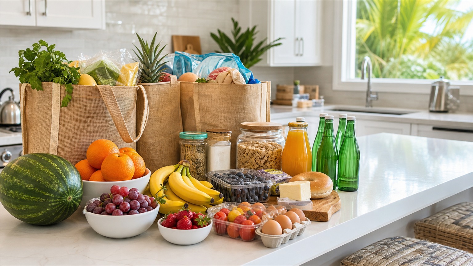 Vacation rental kitchen counter stocked with Publix groceries: fresh fruit, drinks, snacks, and pantry staples for a Destin beach week