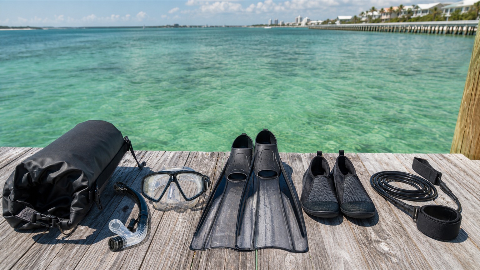 Snorkel gear, dry bag, water shoes, and paddleboard leash laid out on a dock overlooking emerald green Destin bay water