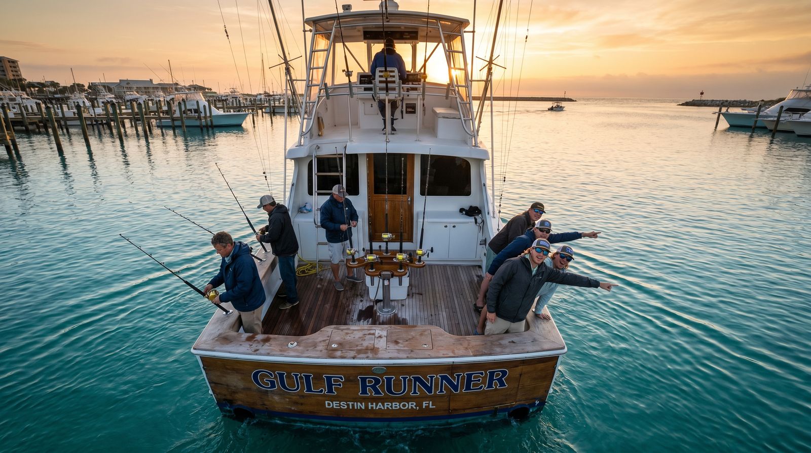 Fishing charter boat heading out from Destin Harbor in the morning with calm Gulf waters in April