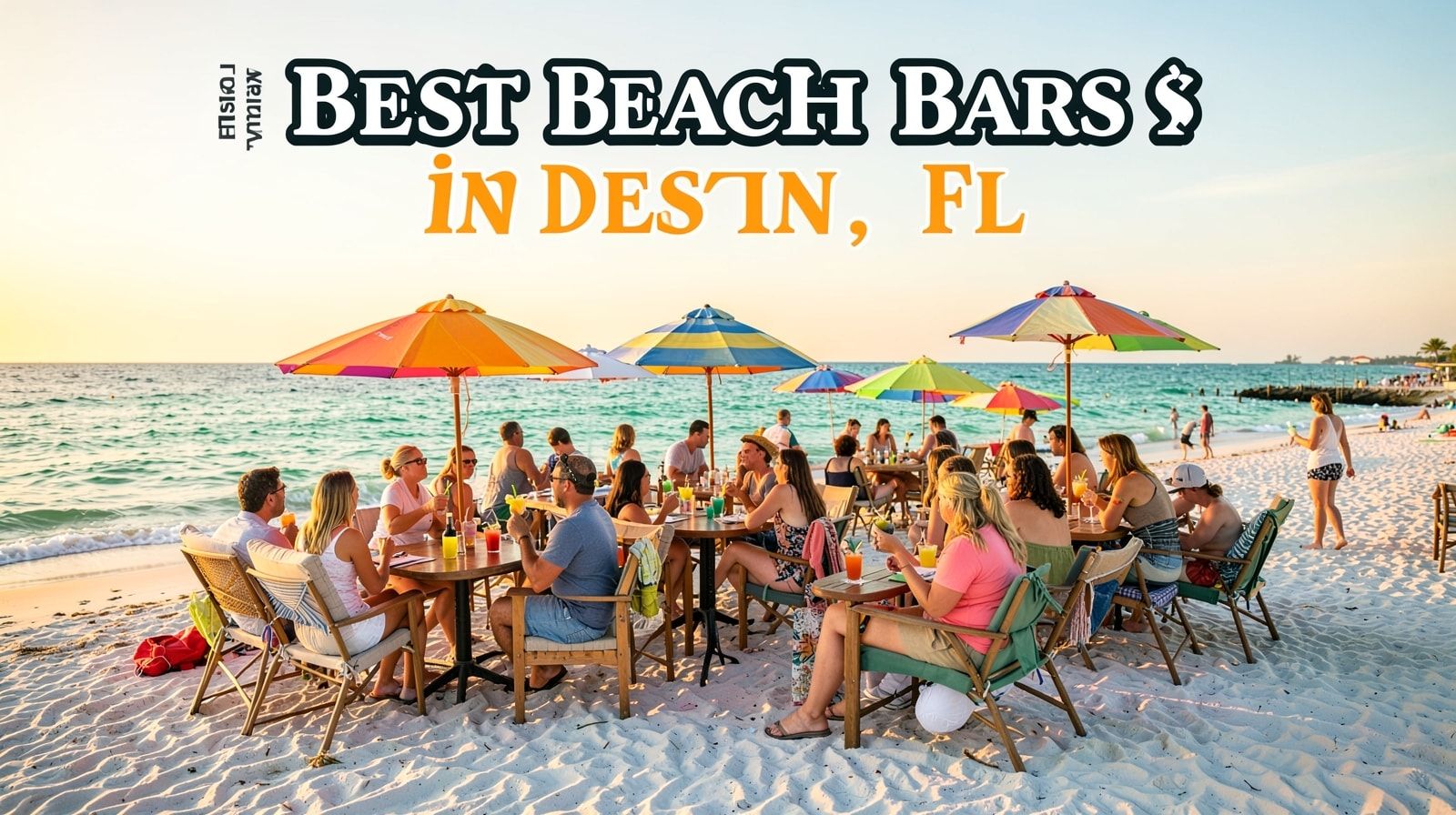 Tourists enjoying drinks at a Destin outdoor bar at golden hour