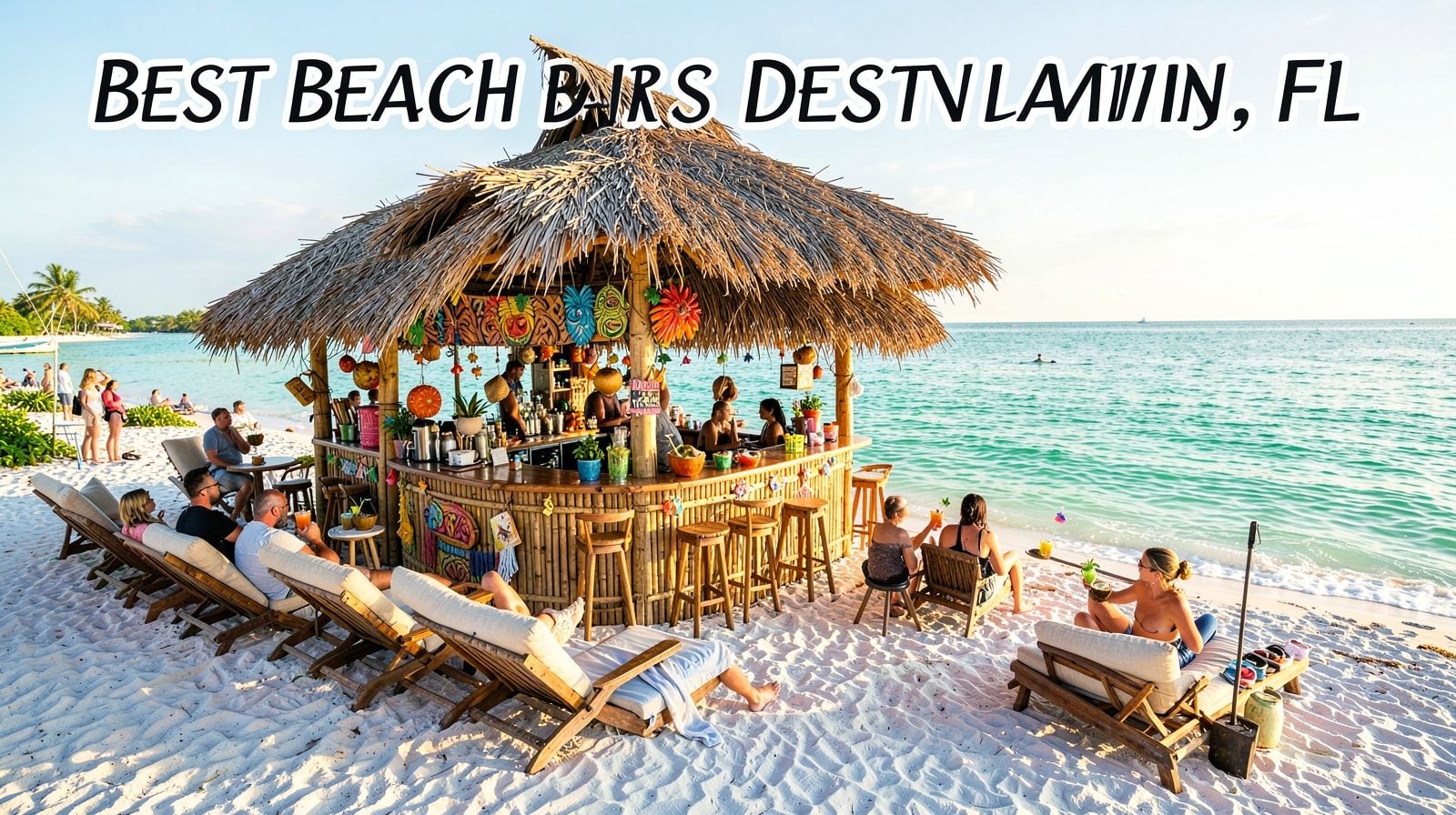 Tiki bar on Miramar Beach with emerald Gulf water in background