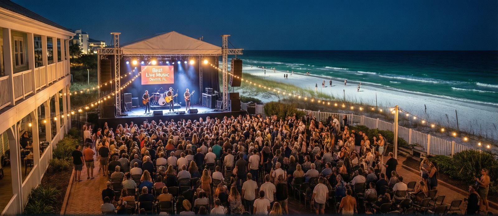 Outdoor concert in courtyard at Baytowne Wharf Sandestin Florida at night with string lights and crowd