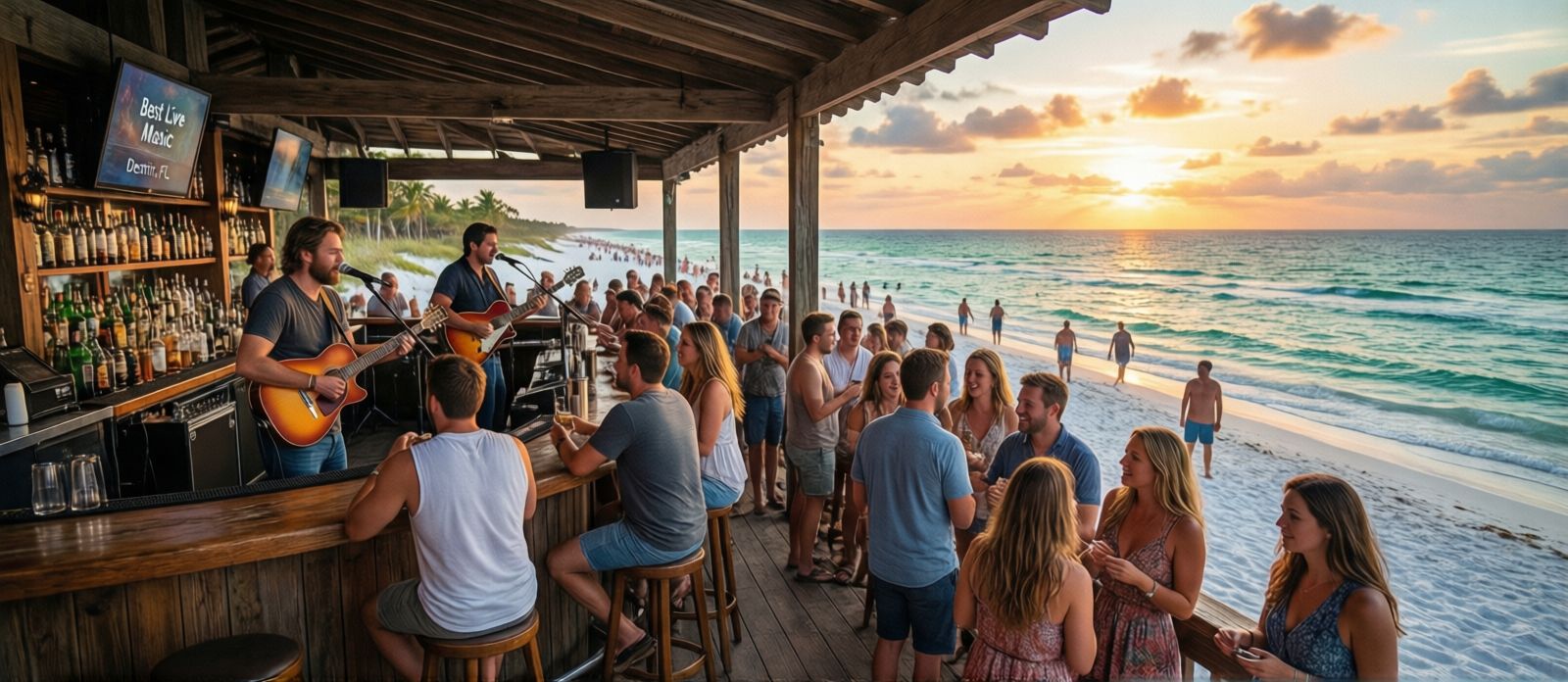Lively outdoor beach bar with live band performing at sunset in Destin Florida with crowd in summer clothes