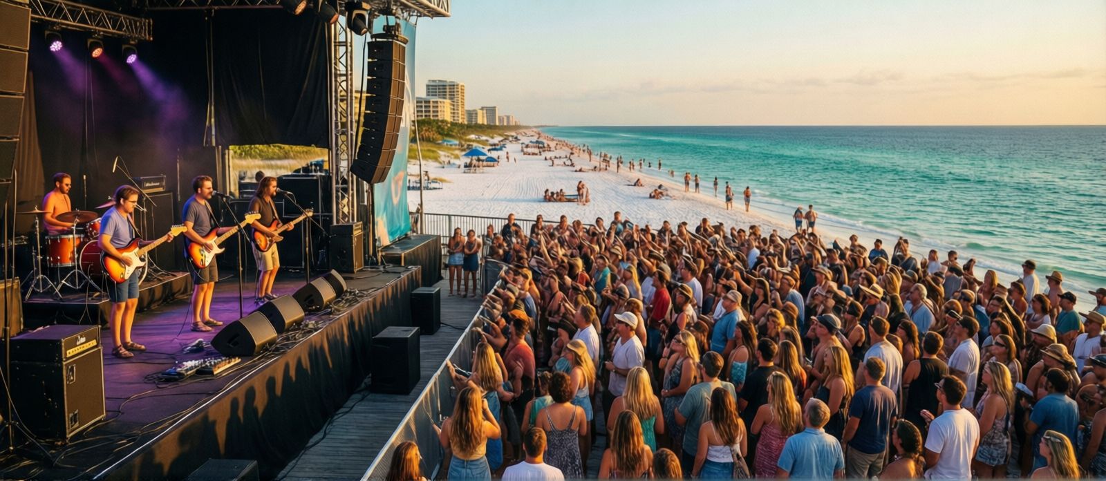 Summer outdoor concert crowd watching band at waterfront venue in Destin Florida on warm June evening