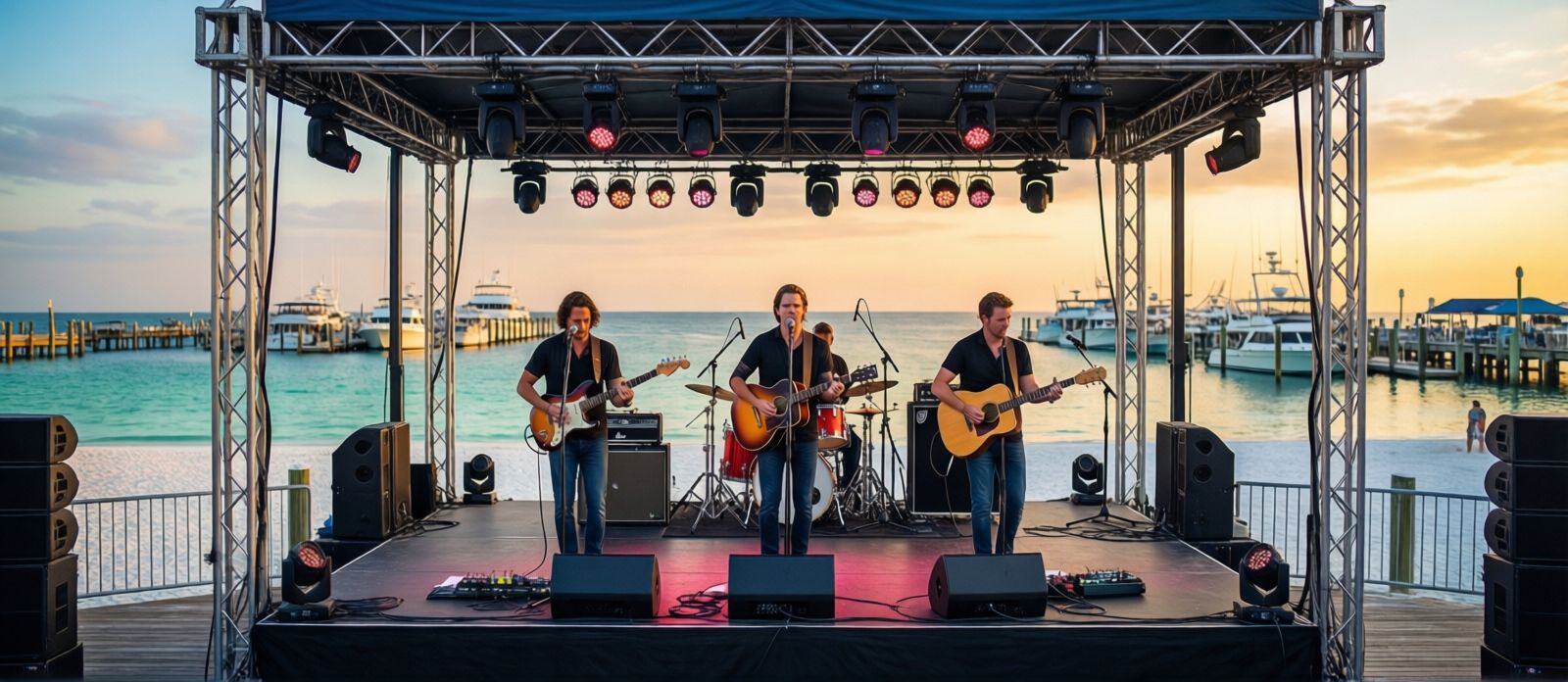 Live band performing on outdoor stage at HarborWalk Village Destin Florida at sunset with harbor boats in background